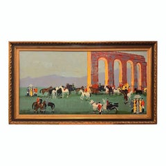 Mid-Century Modern Equestrian Gathering Oil Painting in Gilt Frame