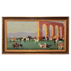 Mid-Century Modern Equestrian Gathering Oil Painting in Gilt Frame