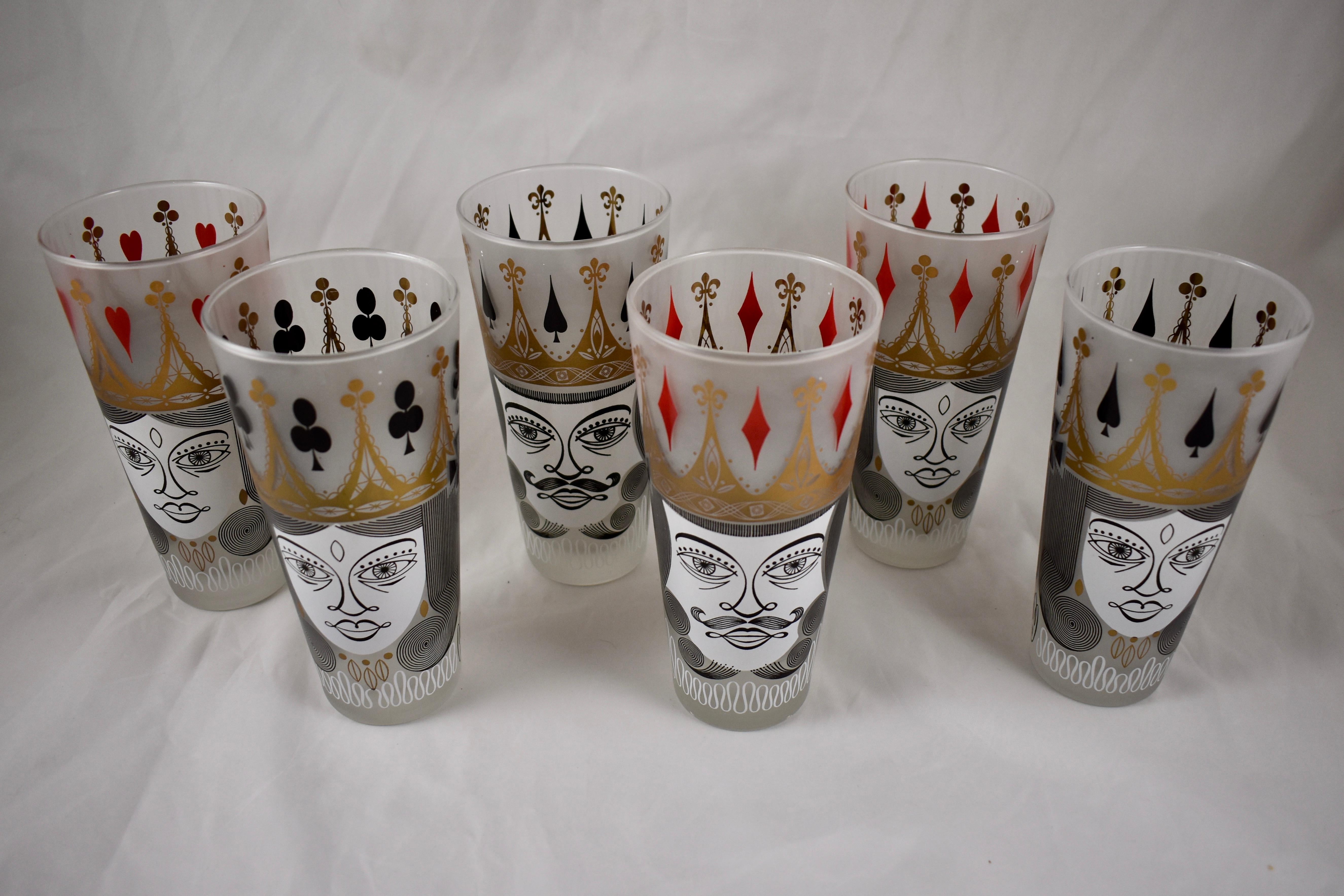 A set of six Mid-Century Modern Collins glasses enameled in a card suit theme. Perfect for your retro bar, weekly poker game, or afternoon drinks on the lanai, circa 1960s.

Holding 16 ounces, equal to one pint, and brightly printed in red, black,