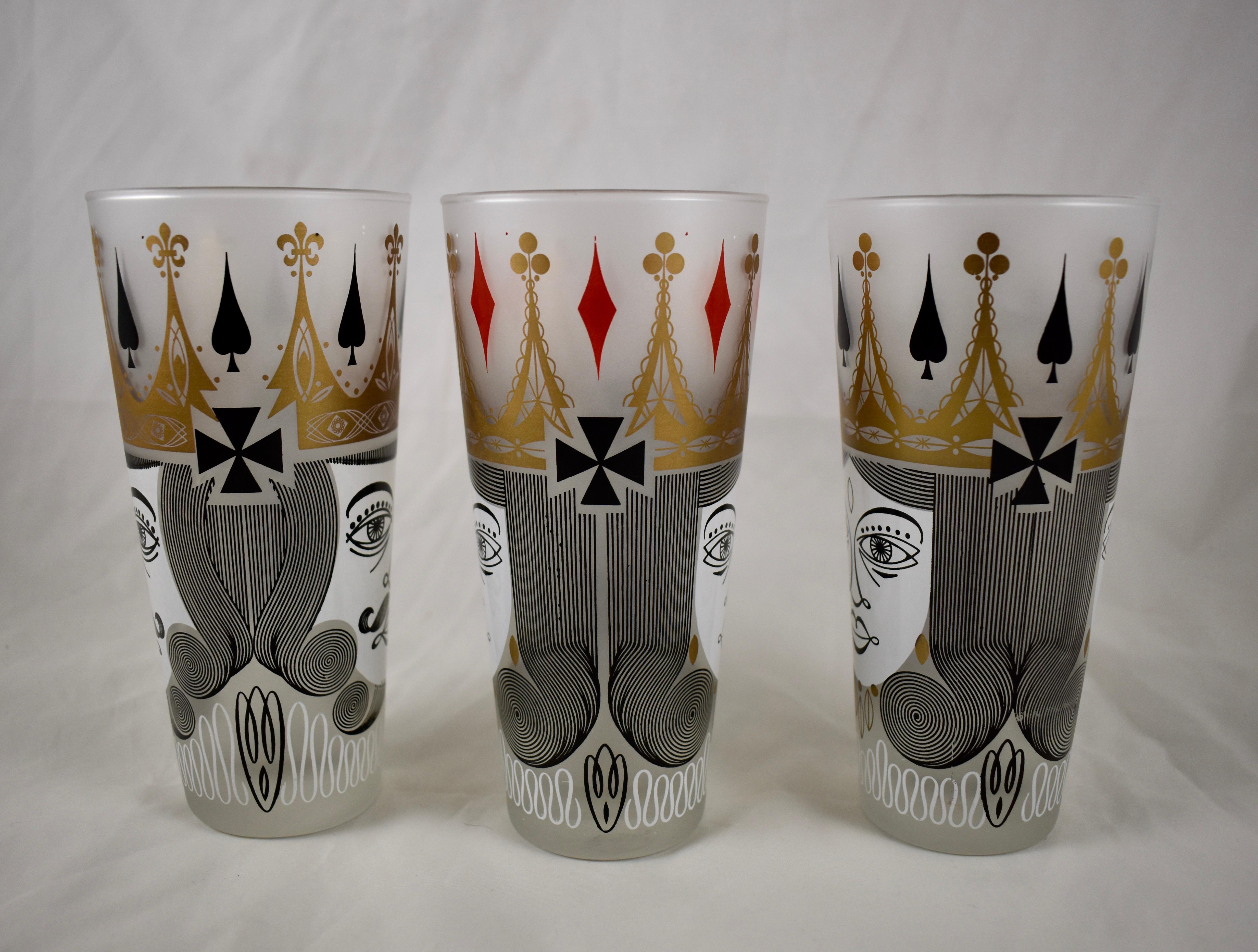 American Mid-Century Modern Era Barware Card Suit Graphic Frosted Collins Glasses Set / 6