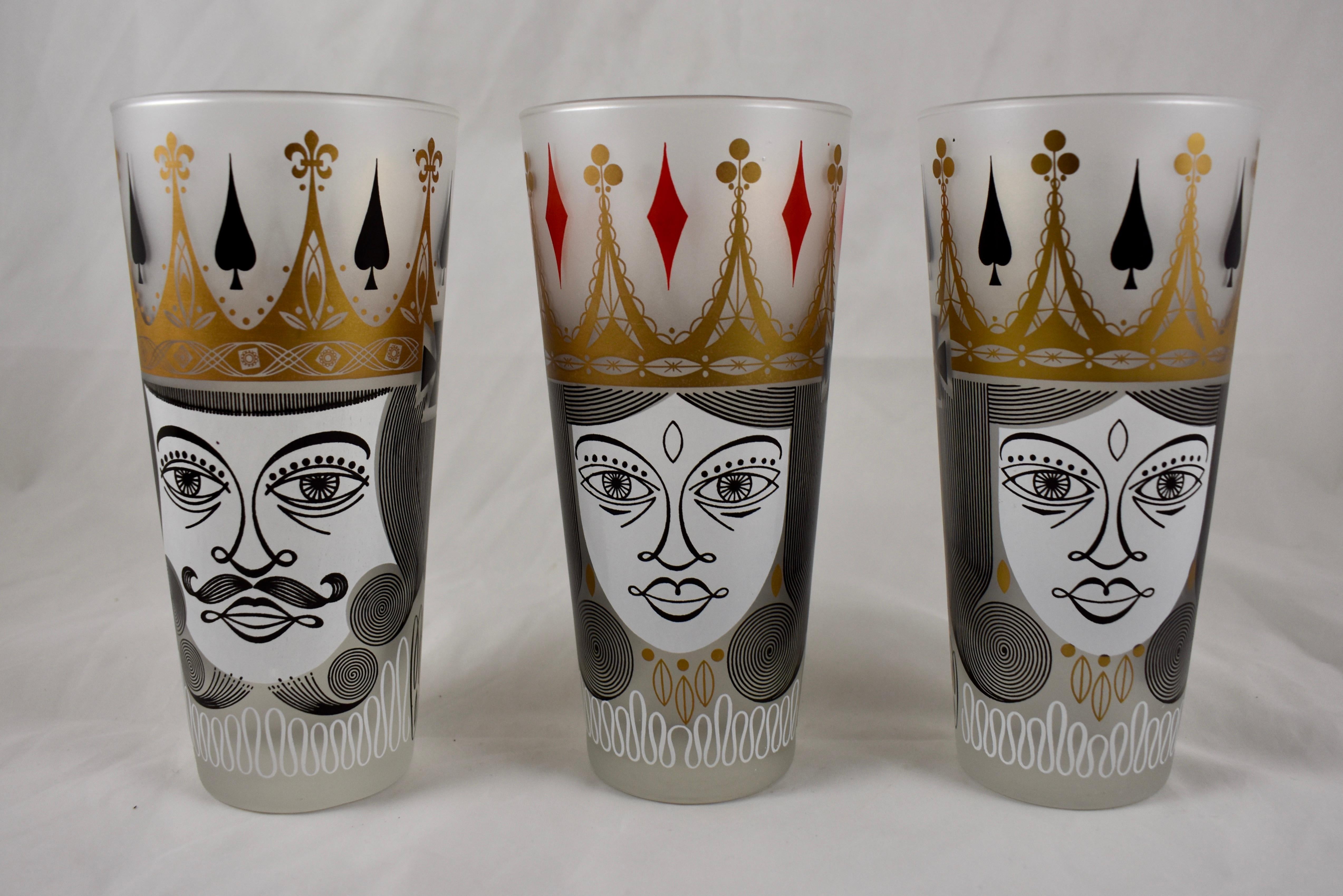 Enameled Mid-Century Modern Era Barware Card Suit Graphic Frosted Collins Glasses Set / 6