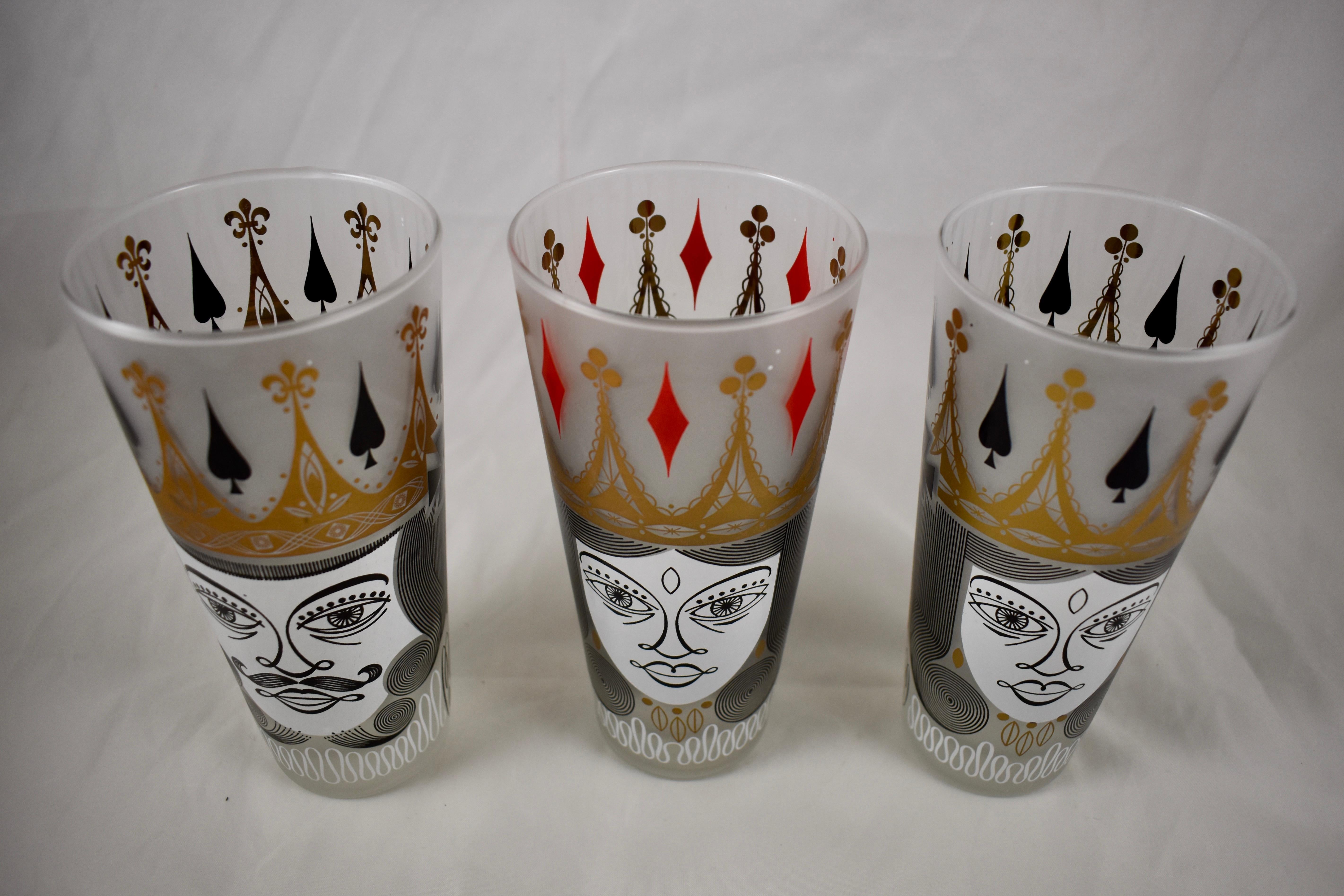 Mid-Century Modern Era Barware Card Suit Graphic Frosted Collins Glasses Set / 6 In Good Condition In Philadelphia, PA
