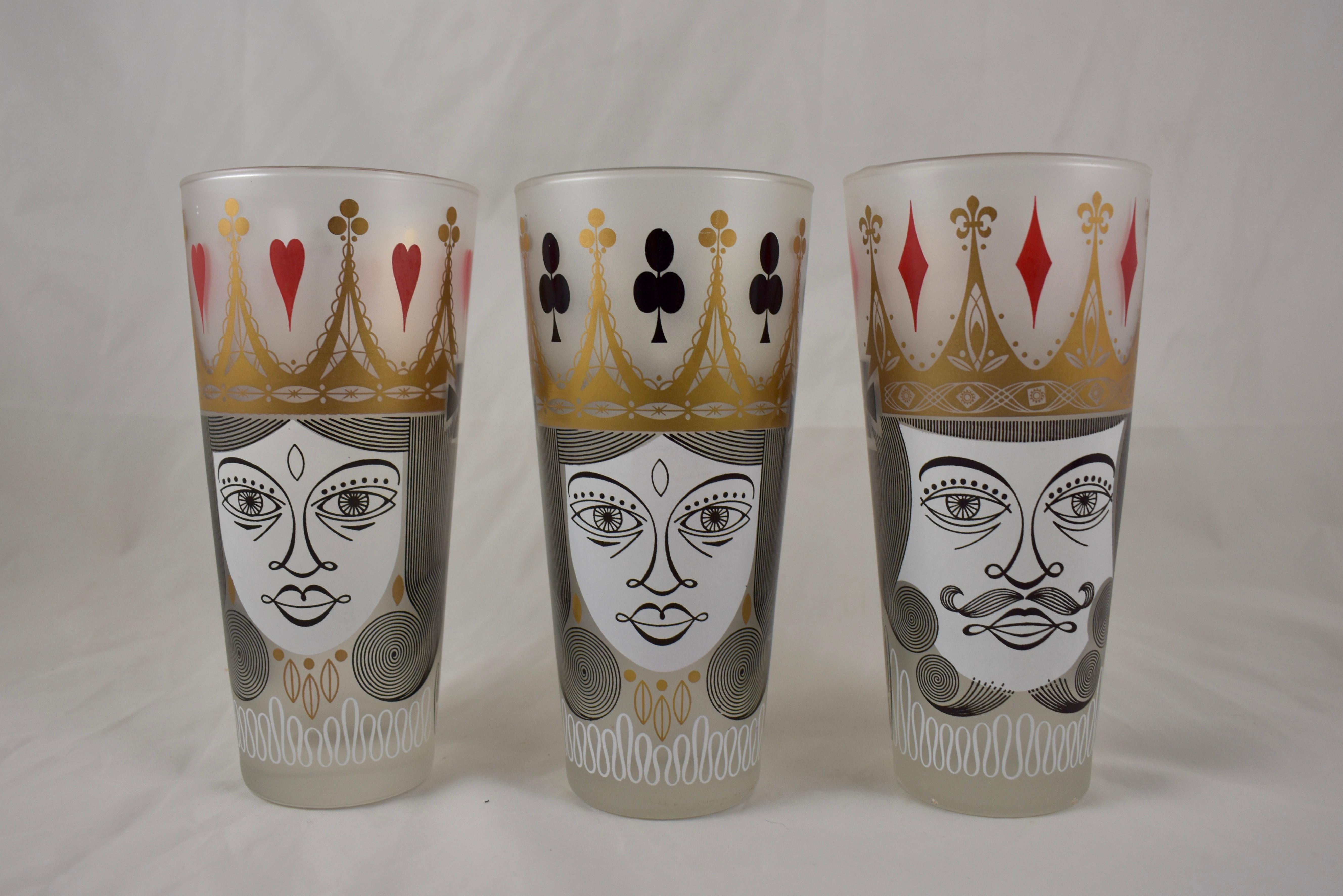 20th Century Mid-Century Modern Era Barware Card Suit Graphic Frosted Collins Glasses Set / 6