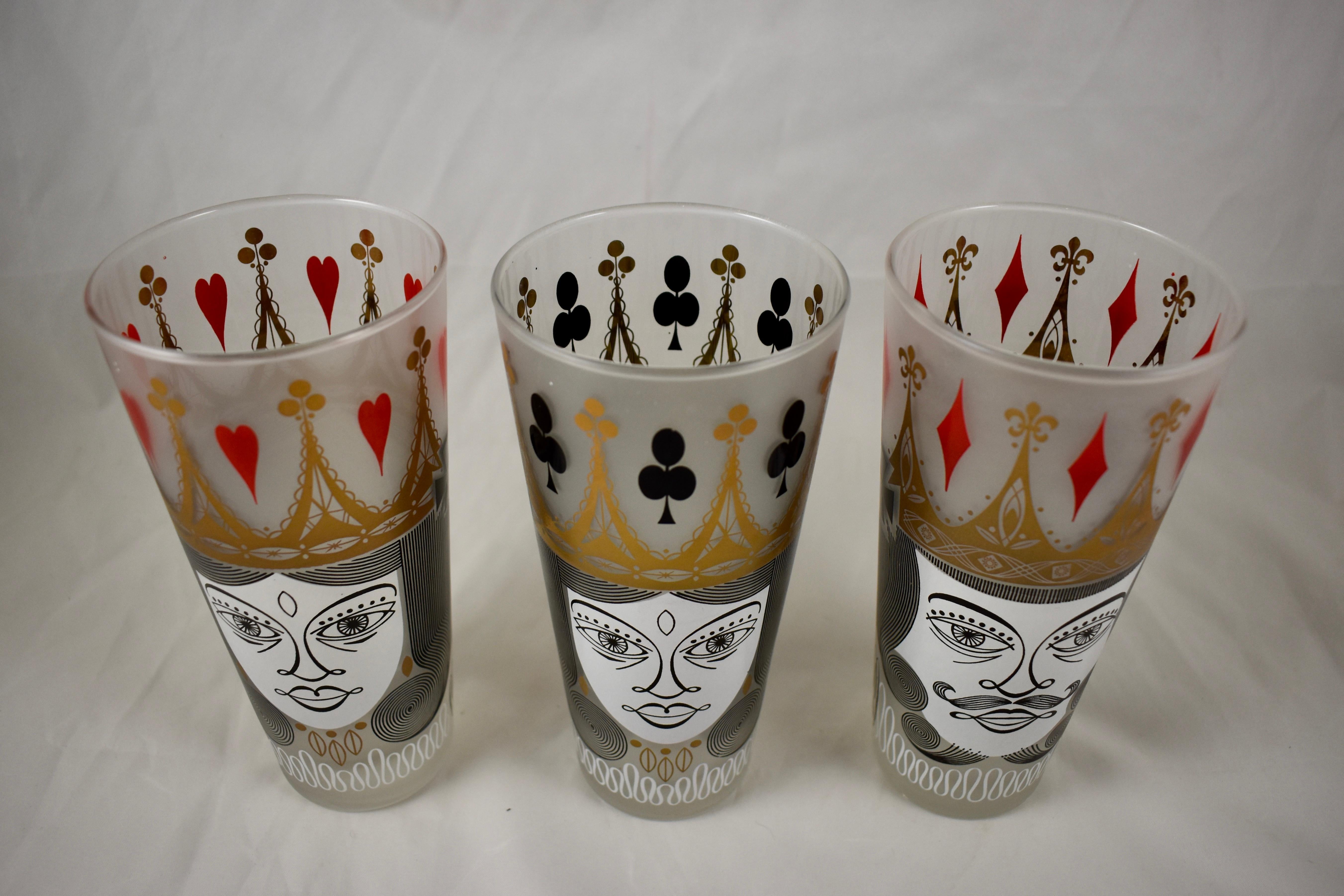 Mid-Century Modern Era Barware Card Suit Graphic Frosted Collins Glasses Set / 6 1