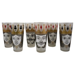 Retro Mid-Century Modern Era Barware Card Suit Graphic Frosted Collins Glasses Set / 6