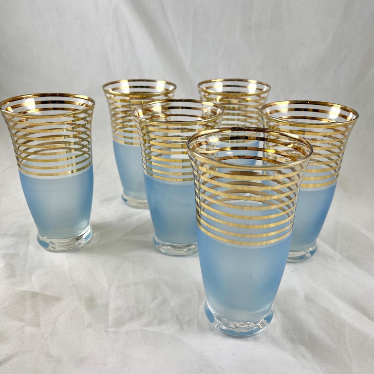 Italian MidCentury Era Barware Sky Blue Frosted and Gilded Highball Glasses S/6 For Sale at
