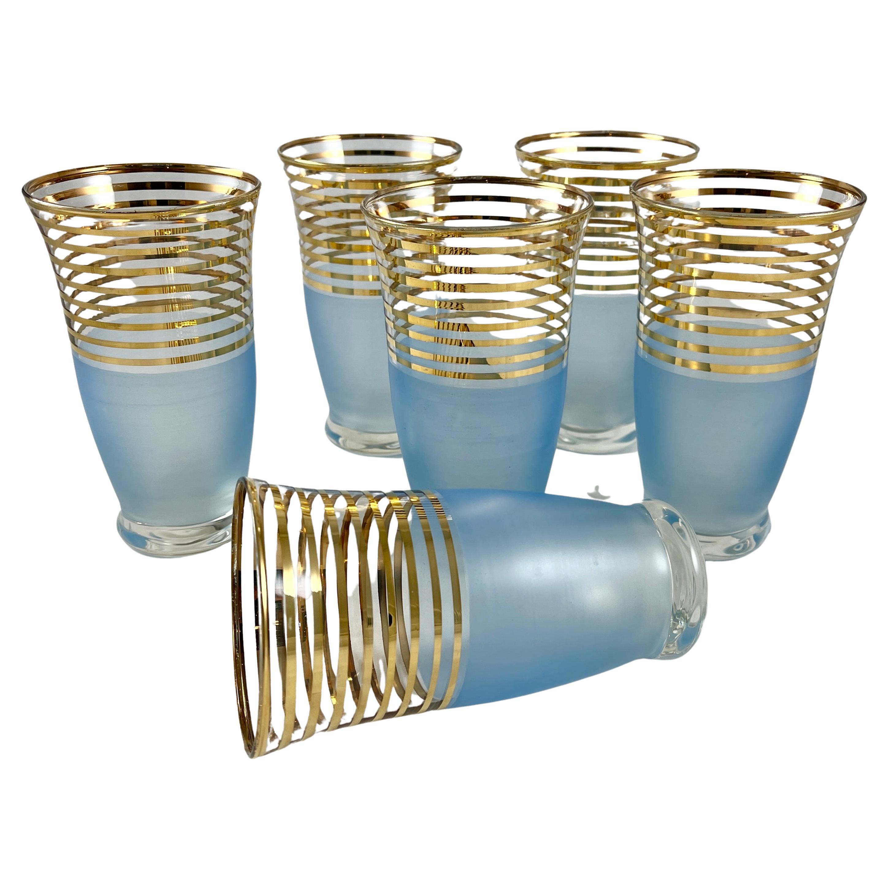 Italian Mid-Century Era Barware Sky Blue Frosted 
Gilded Highball Glasses - S/6