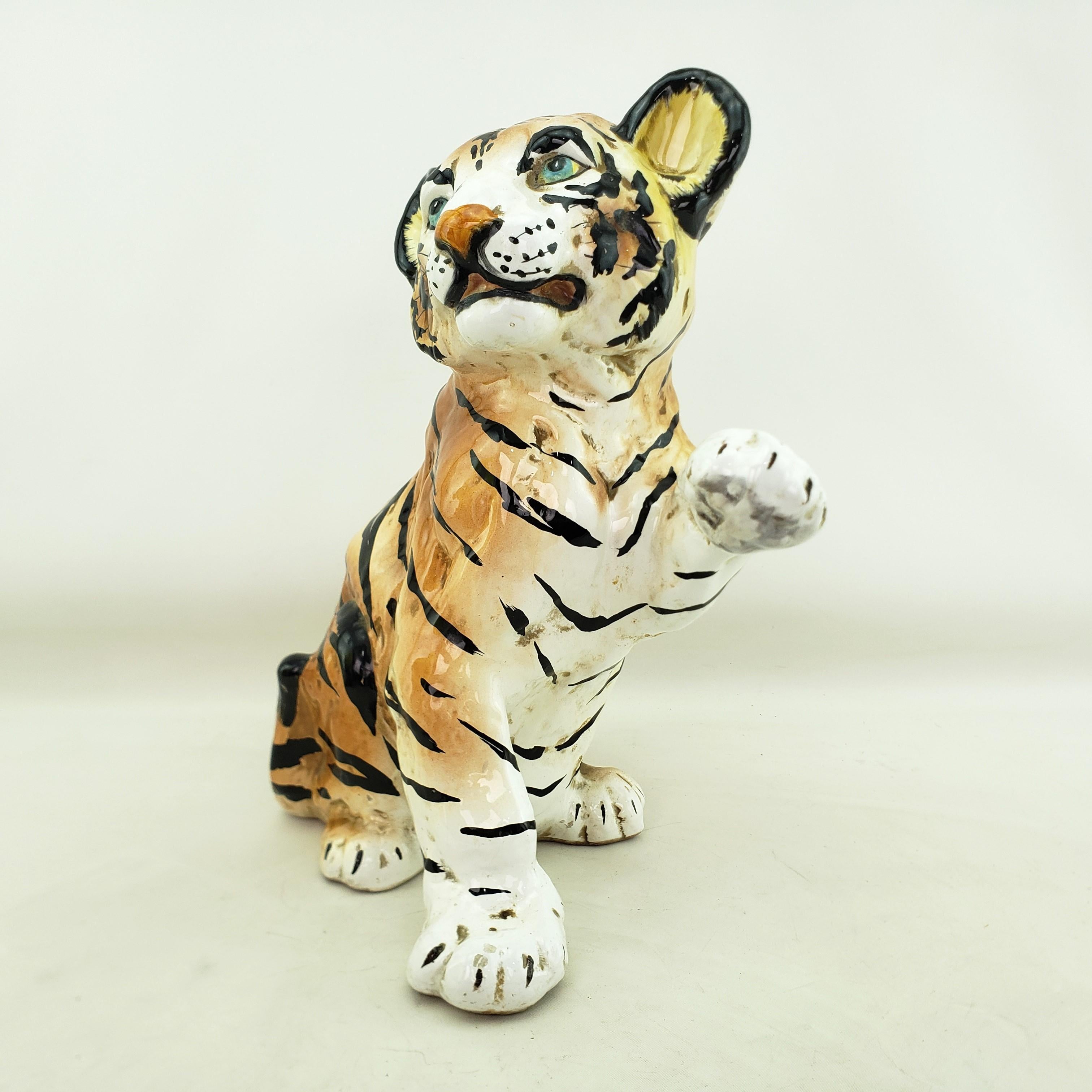 Italian Mid-Century Modern Era Ceramic Ronzan Styled Tiger Cub Sculpture Italy For Sale