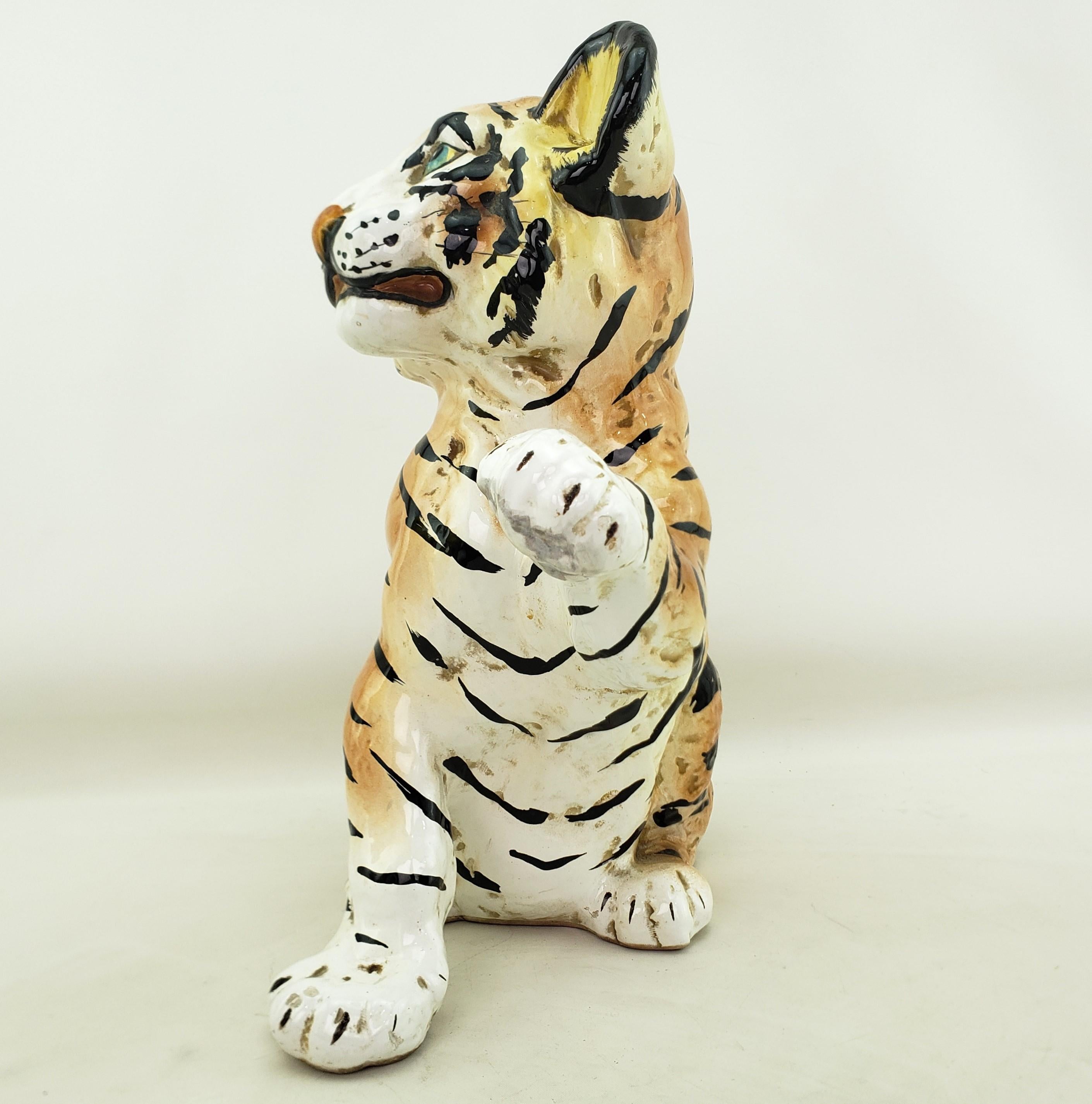 Glazed Mid-Century Modern Era Ceramic Ronzan Styled Tiger Cub Sculpture Italy For Sale