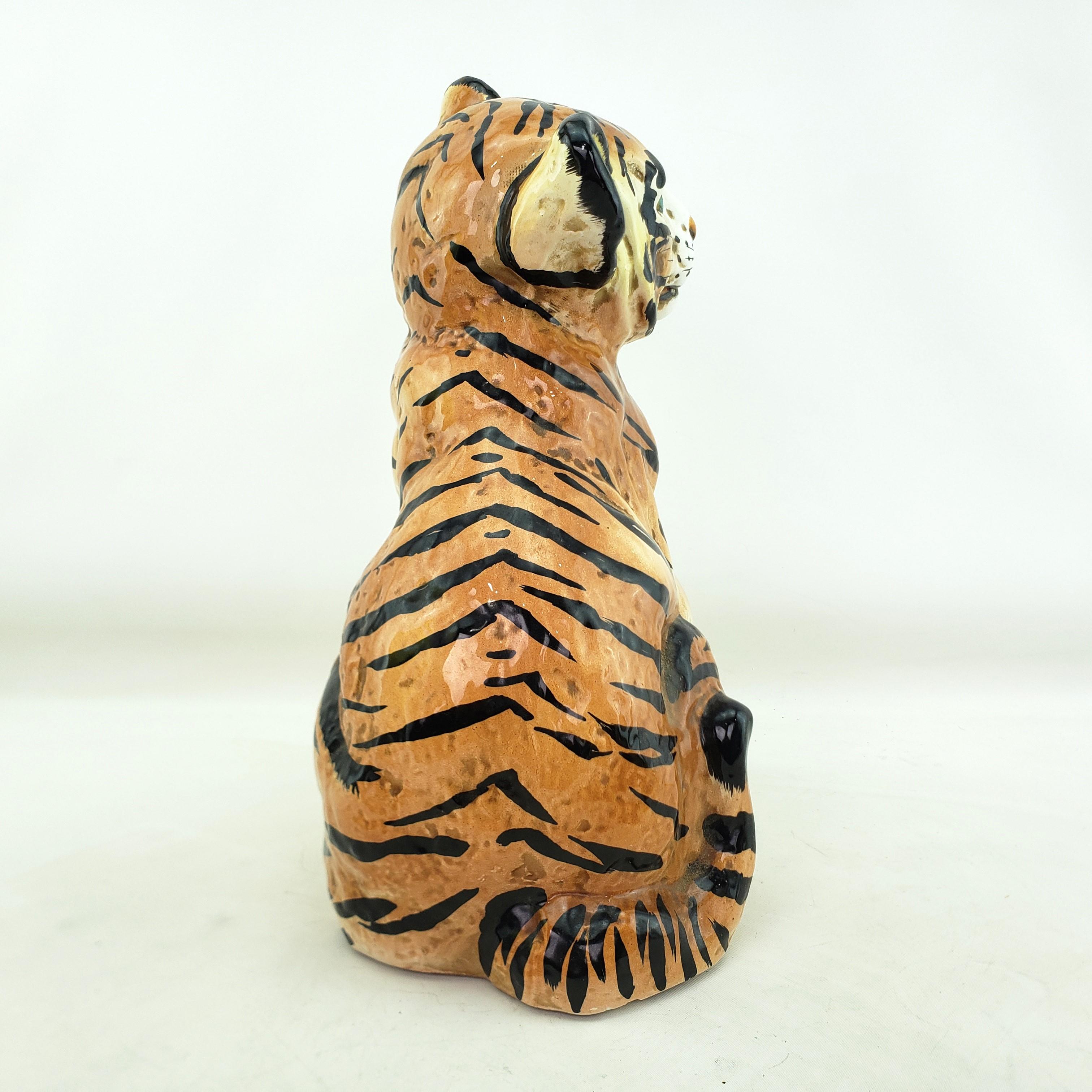 20th Century Mid-Century Modern Era Ceramic Ronzan Styled Tiger Cub Sculpture Italy For Sale