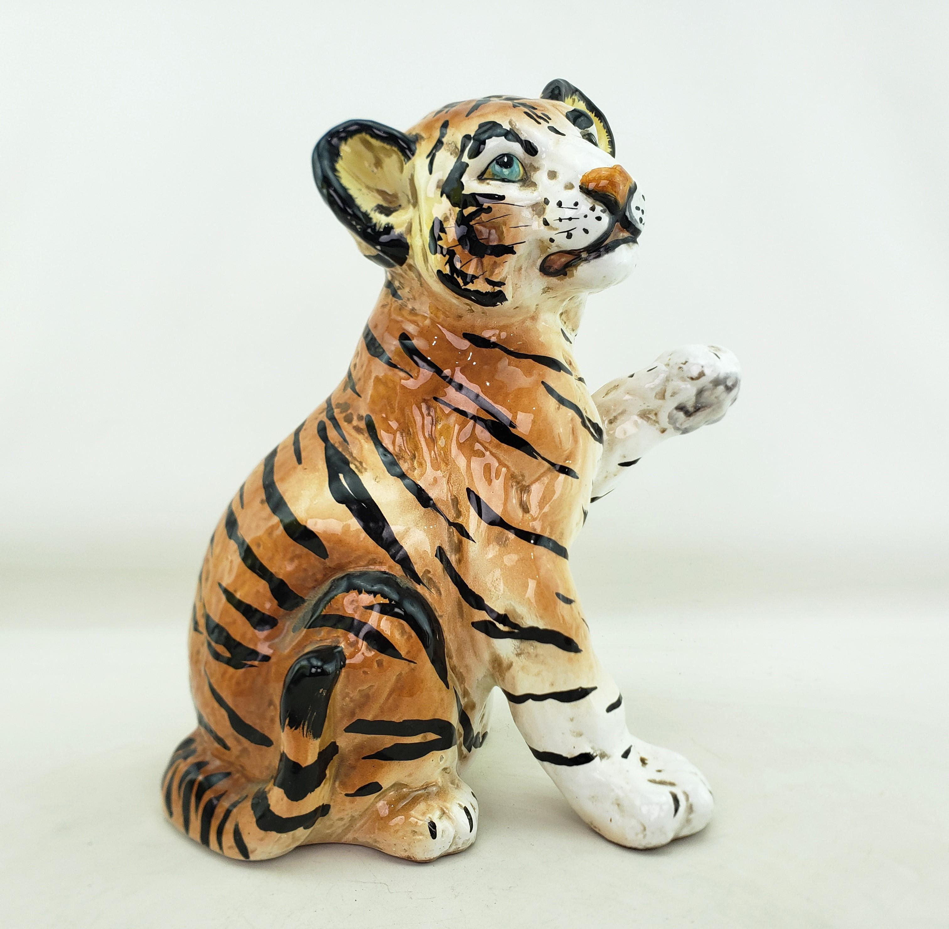 Mid-Century Modern Era Ceramic Ronzan Styled Tiger Cub Sculpture Italy For Sale 1