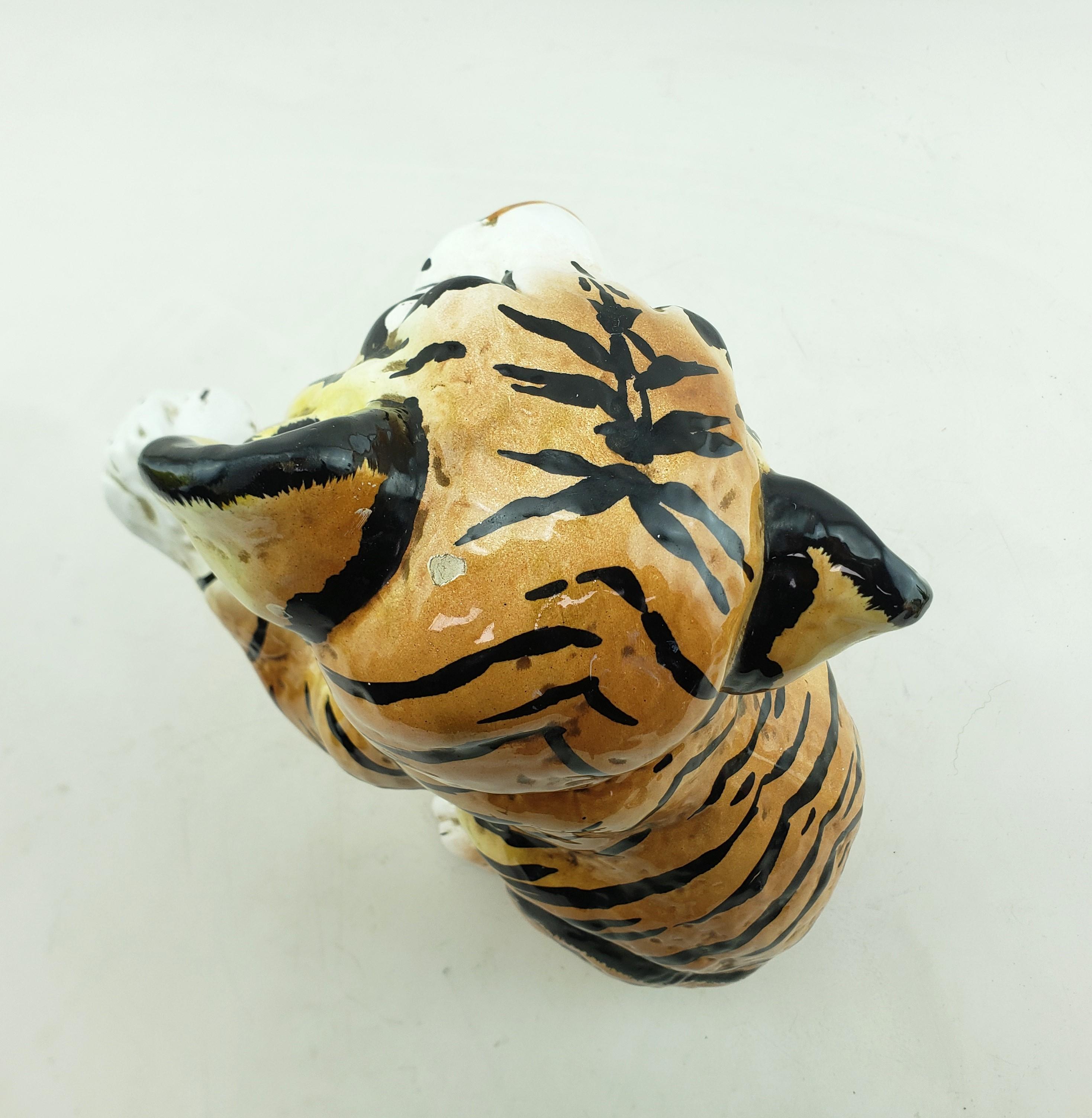 Mid-Century Modern Era Ceramic Ronzan Styled Tiger Cub Sculpture Italy For Sale 2