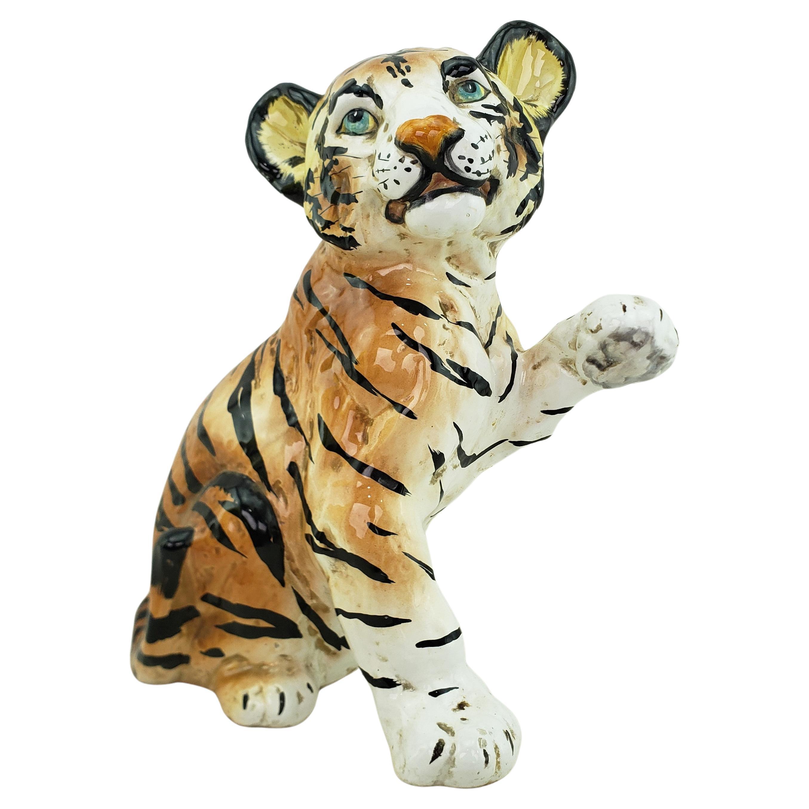 Mid-Century Modern Era Ceramic Ronzan Styled Tiger Cub Sculpture Italy For Sale