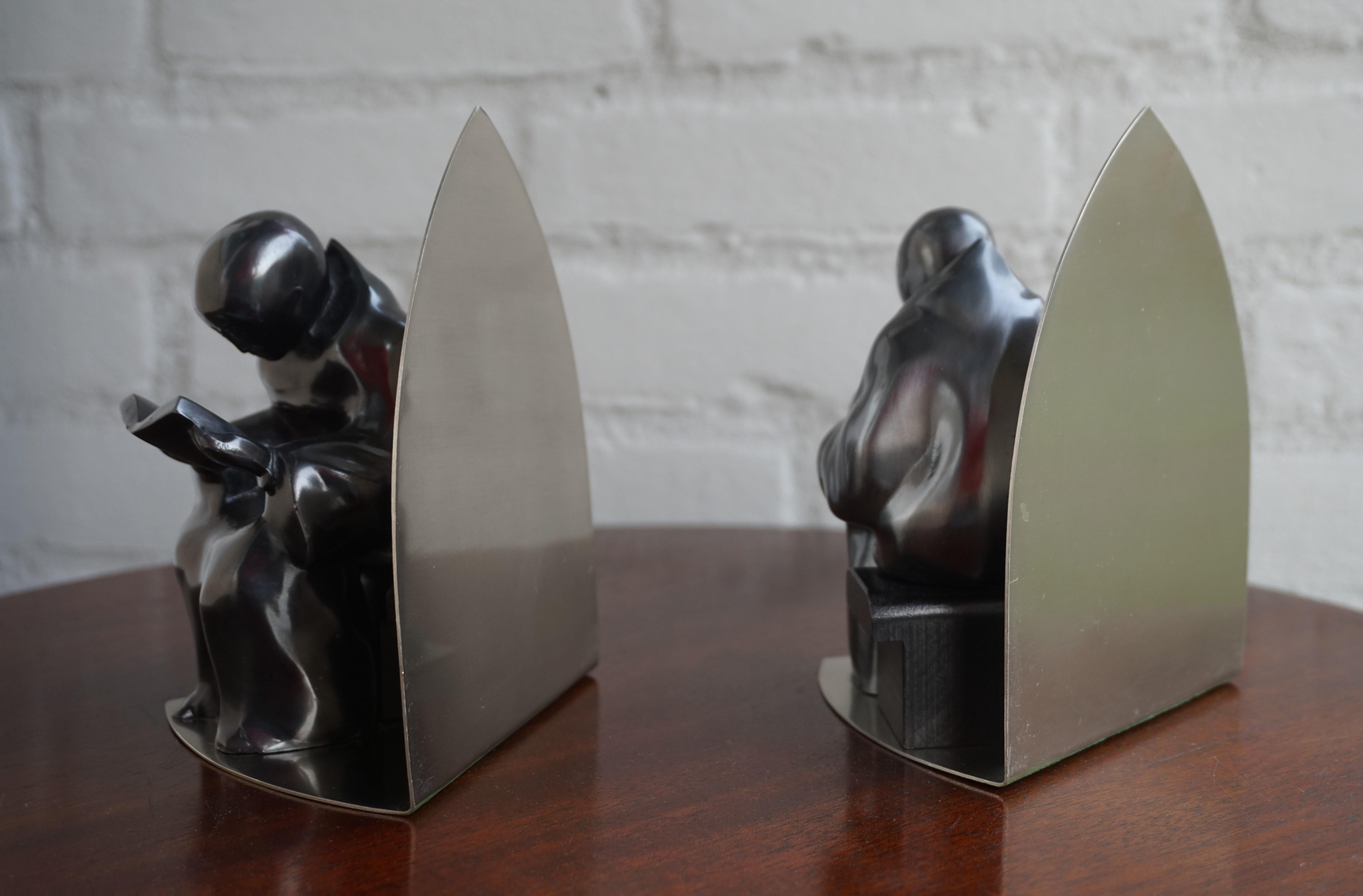 Mid-Century Modern Era Chrome Bookends w. Book Reading Mystical Monk Sculptures For Sale 3