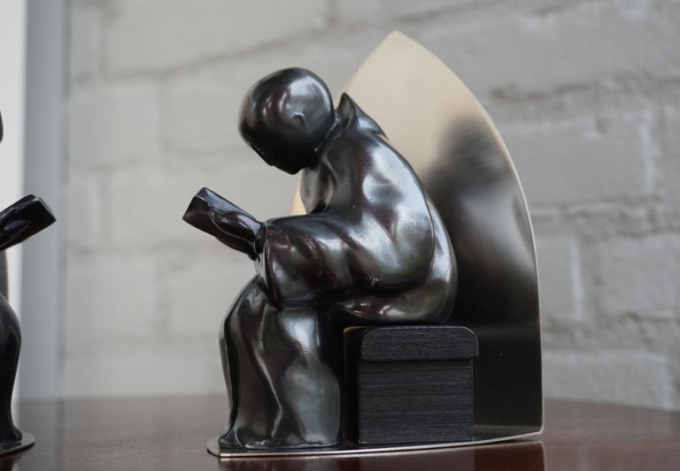 MidCentury Modern Era Chrome Bookends w. Book Reading Mystical Monk Sculptures For Sale at 1stDibs