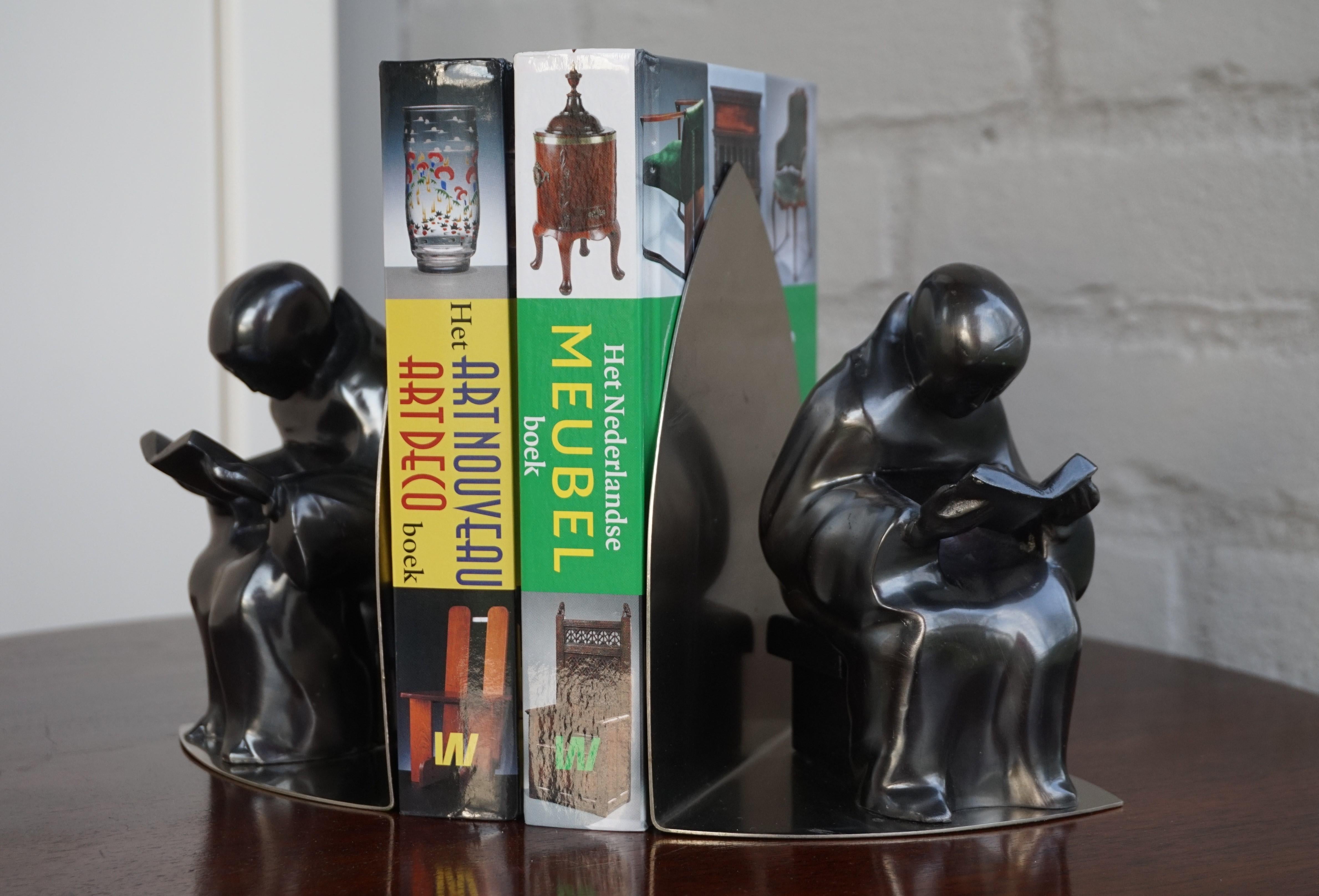 Mid-Century Modern Era Chrome Bookends w. Book Reading Mystical Monk Sculptures For Sale 5