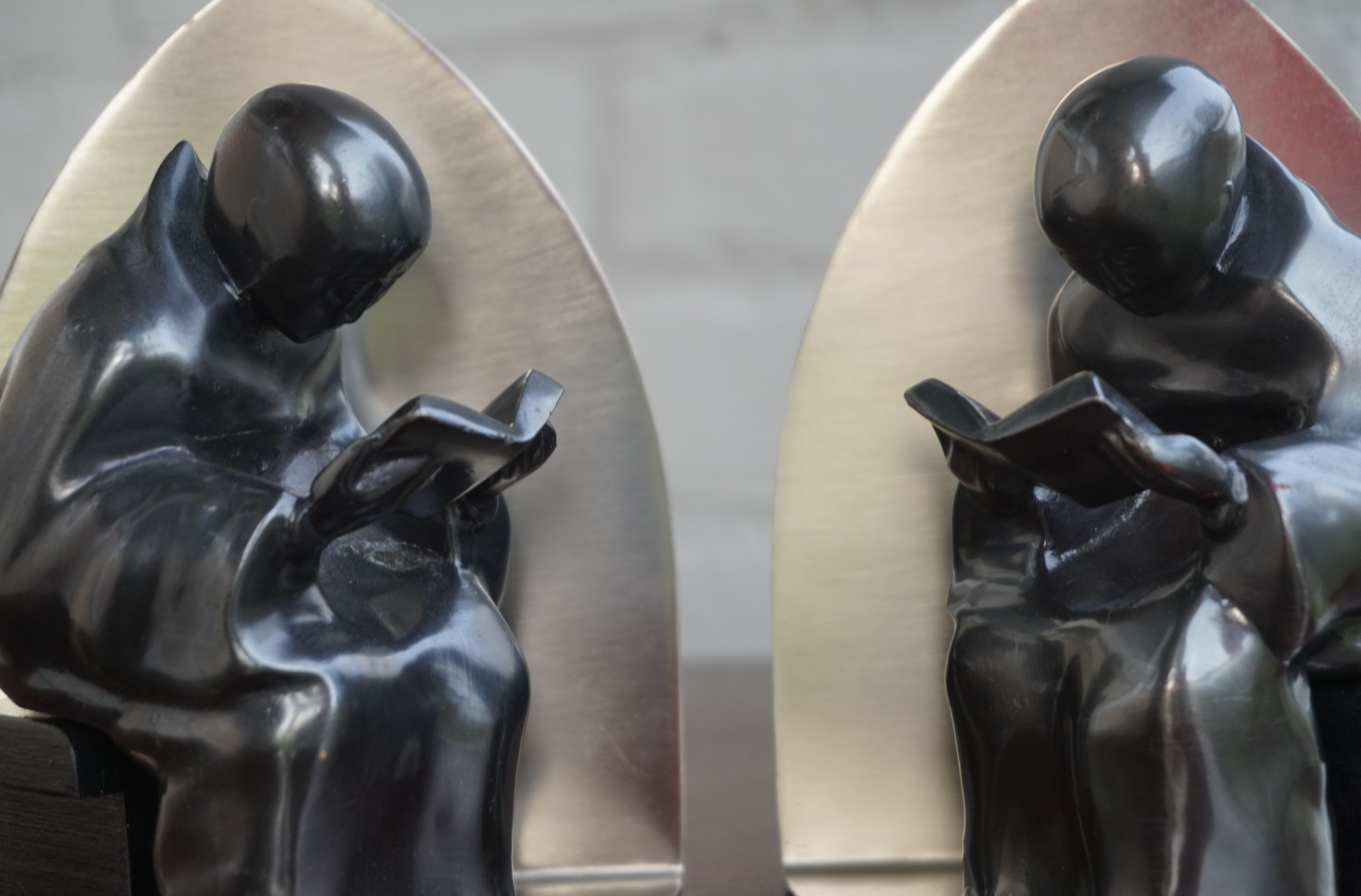 Mid-Century Modern Era Chrome Bookends w. Book Reading Mystical Monk Sculptures For Sale 6