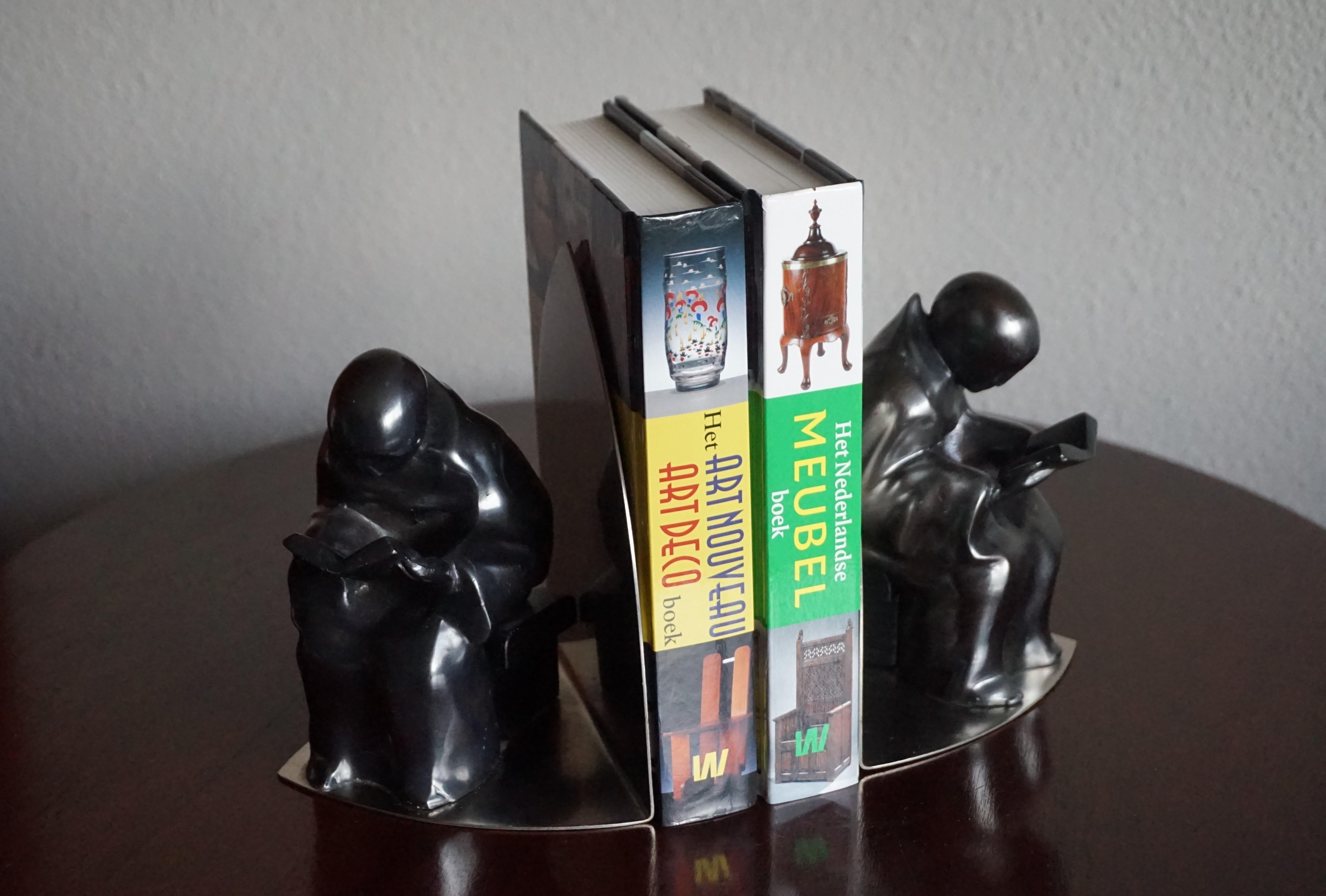 Mid-Century Modern Era Chrome Bookends w. Book Reading Mystical Monk Sculptures For Sale 9