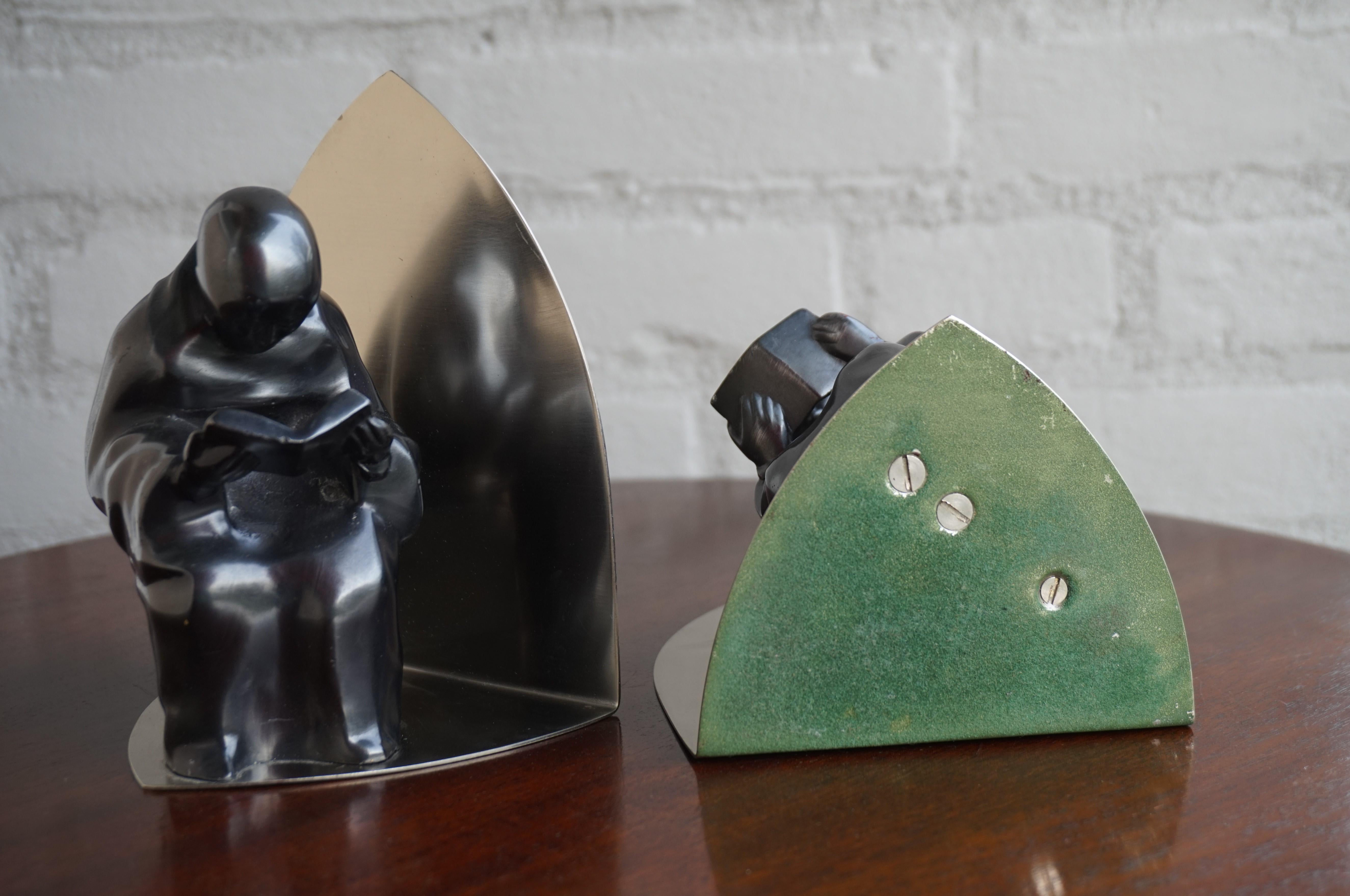 Metal Mid-Century Modern Era Chrome Bookends w. Book Reading Mystical Monk Sculptures For Sale
