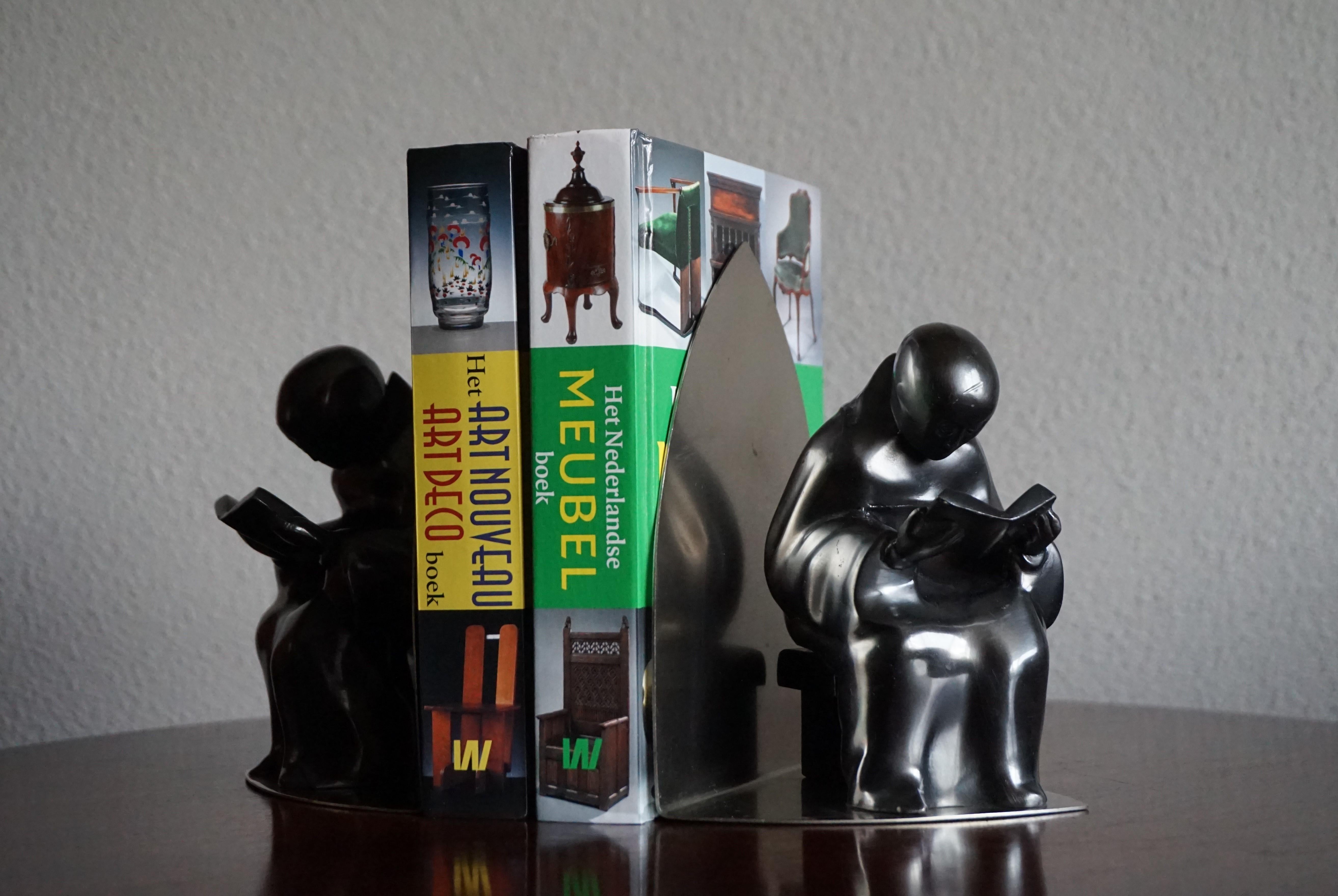 Mid-Century Modern Era Chrome Bookends w. Book Reading Mystical Monk Sculptures For Sale 1