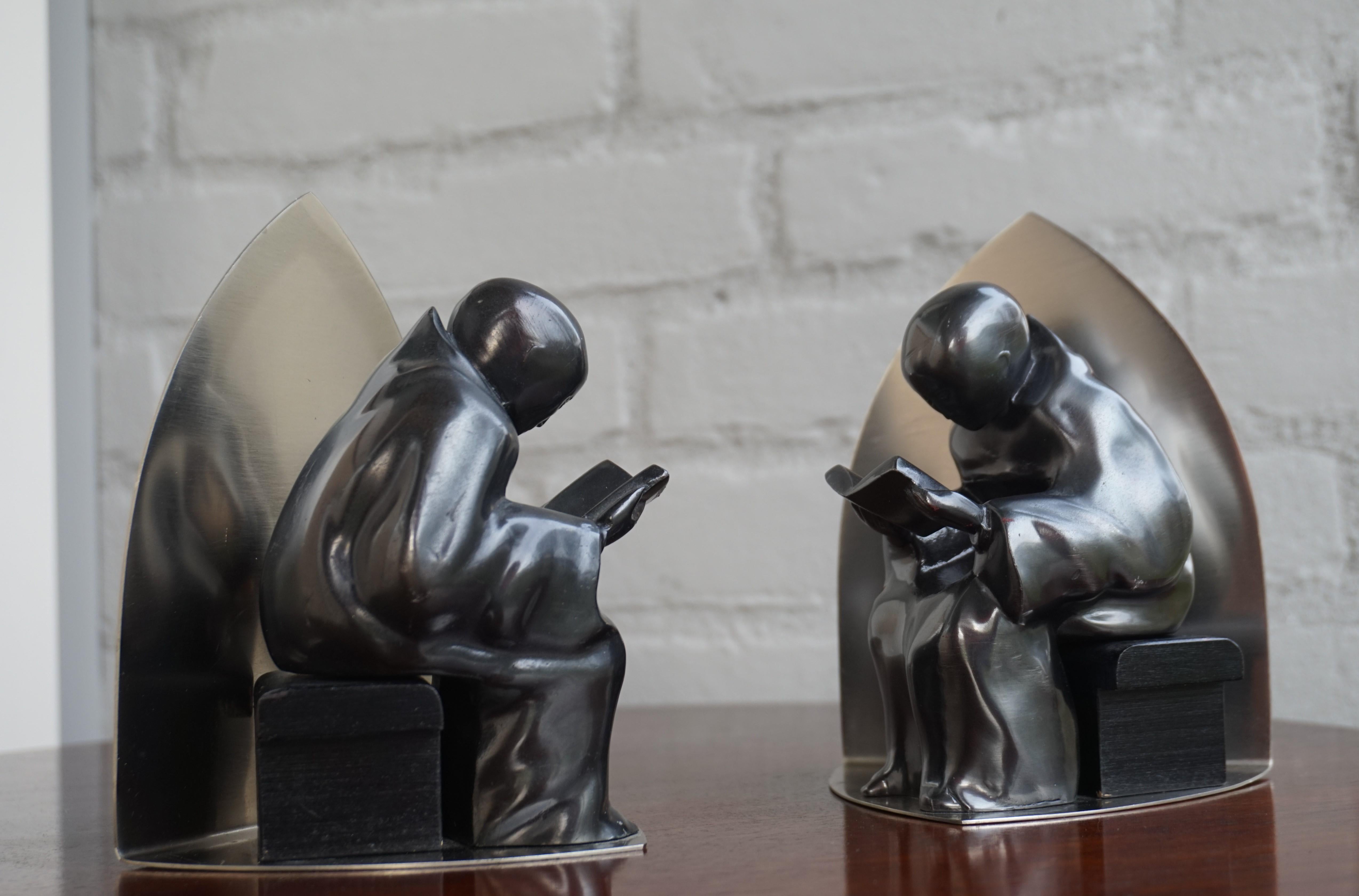Mid-Century Modern Era Chrome Bookends w. Book Reading Mystical Monk Sculptures 2