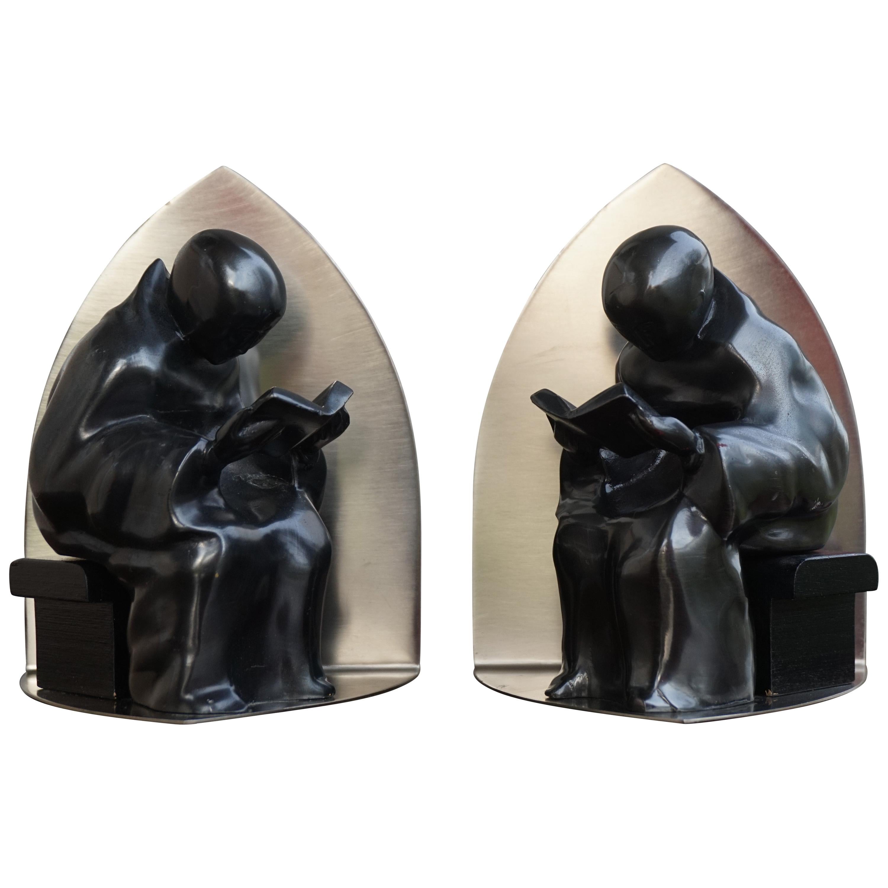 Mid-Century Modern Era Chrome Bookends w. Book Reading Mystical Monk Sculptures For Sale