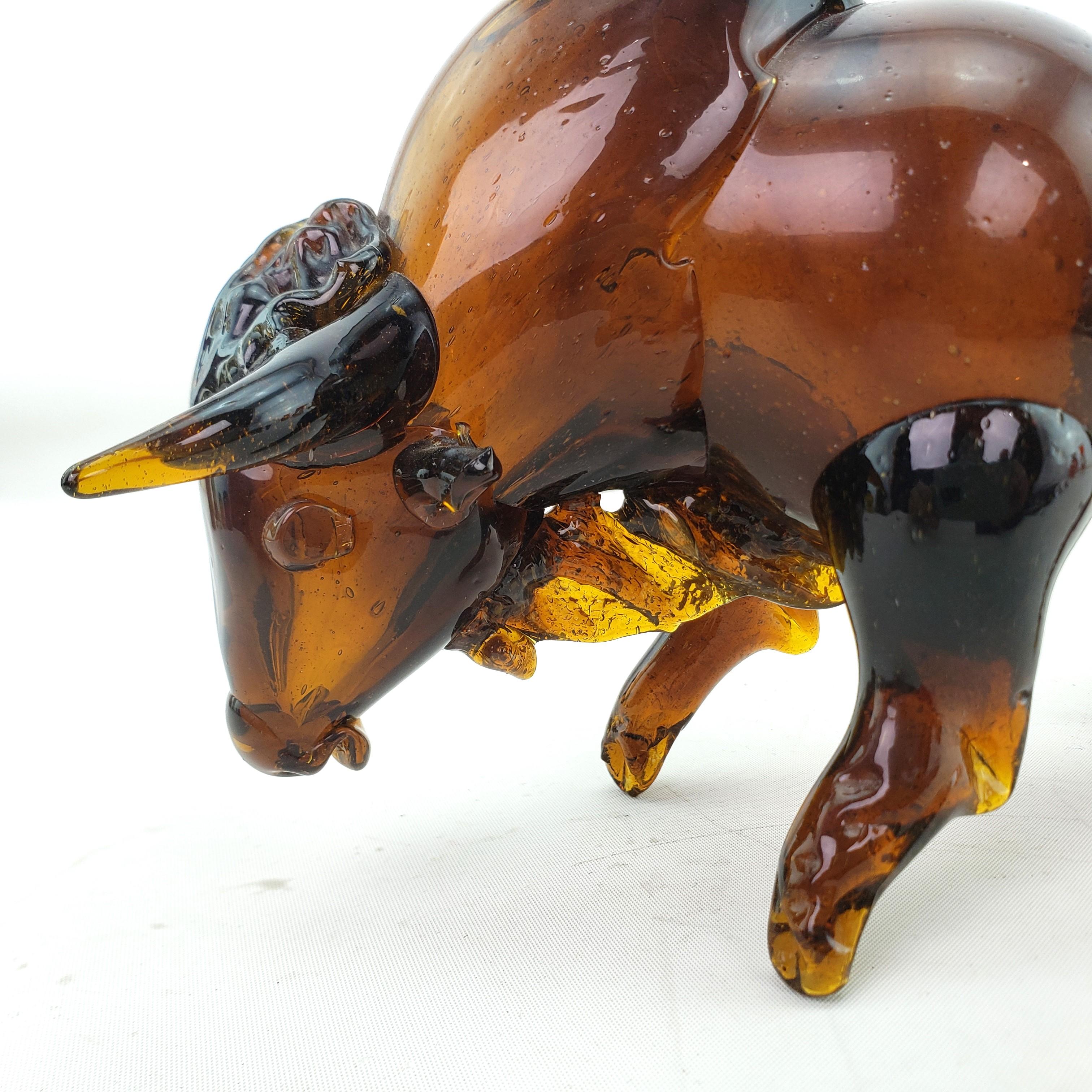 Mid-Century Modern Era Dark Amber Art Glass Bull Sculpture For Sale 5