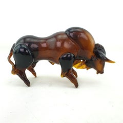 Mid-Century Modern Era Dark Amber Art Glass Bull Sculpture