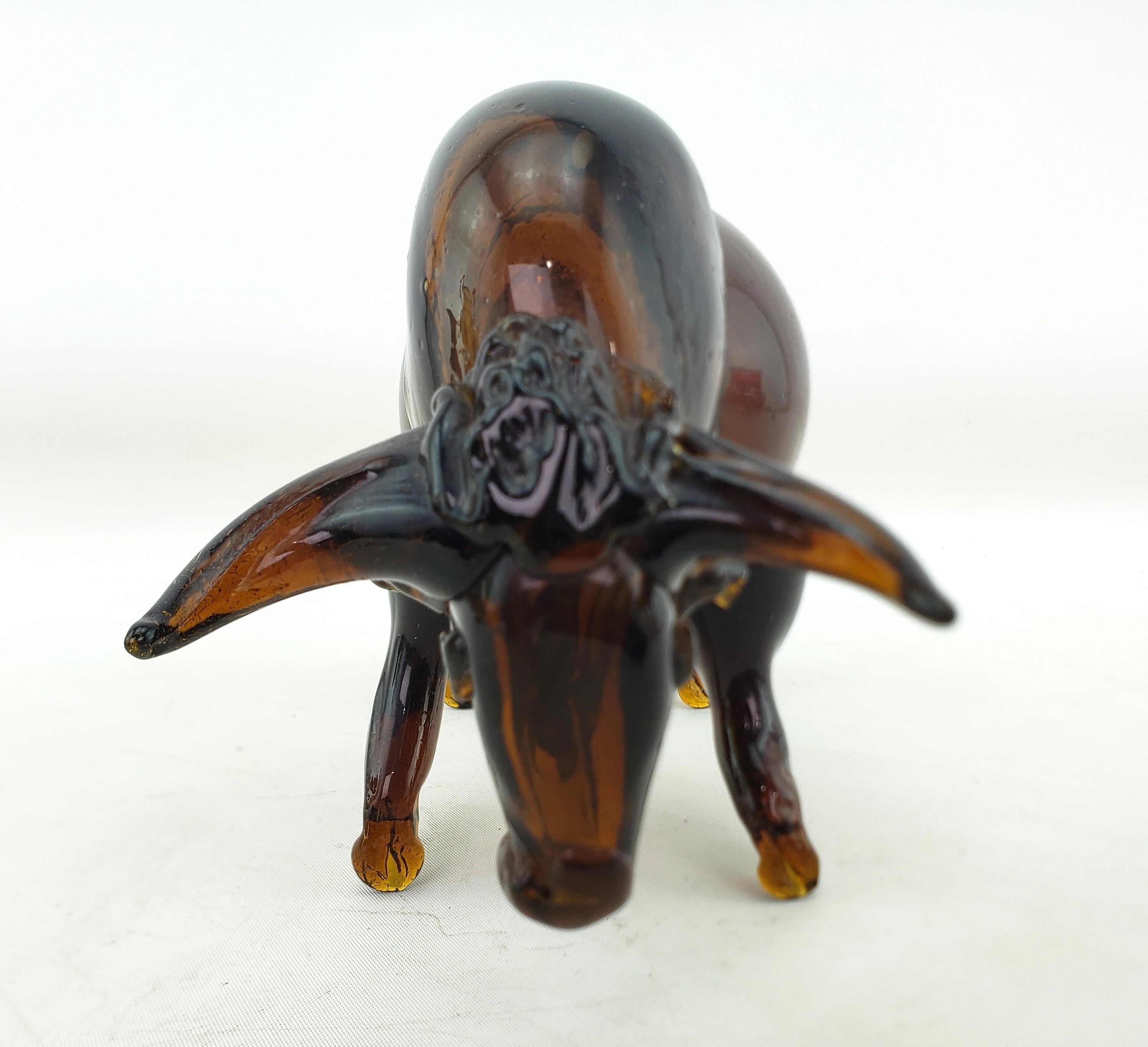 Italian Mid-Century Modern Era Dark Amber Art Glass Bull Sculpture For Sale