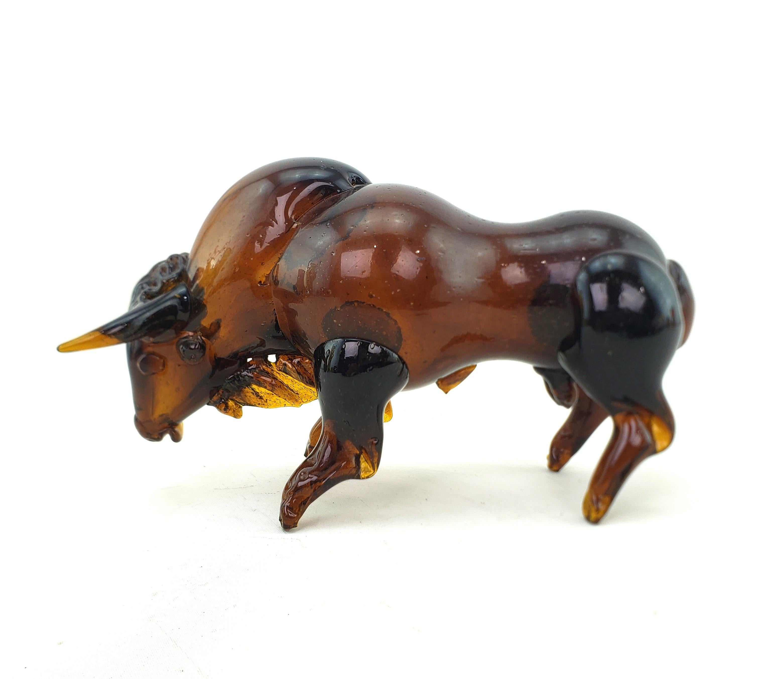 Hand-Crafted Mid-Century Modern Era Dark Amber Art Glass Bull Sculpture For Sale