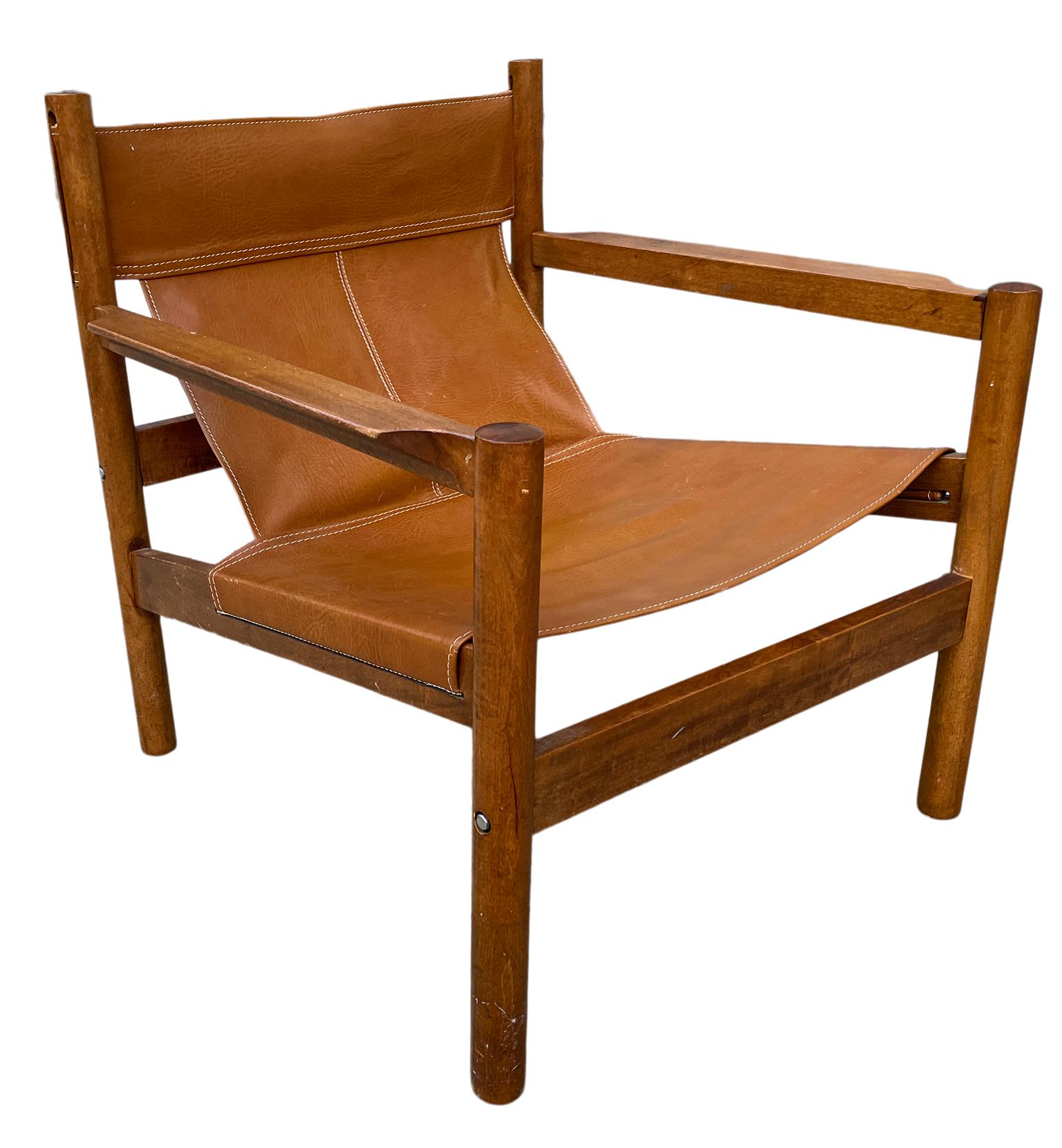 Danish Mid-Century Modern Erik Worts Brown Leather Low Sling Safari Lounge Chair