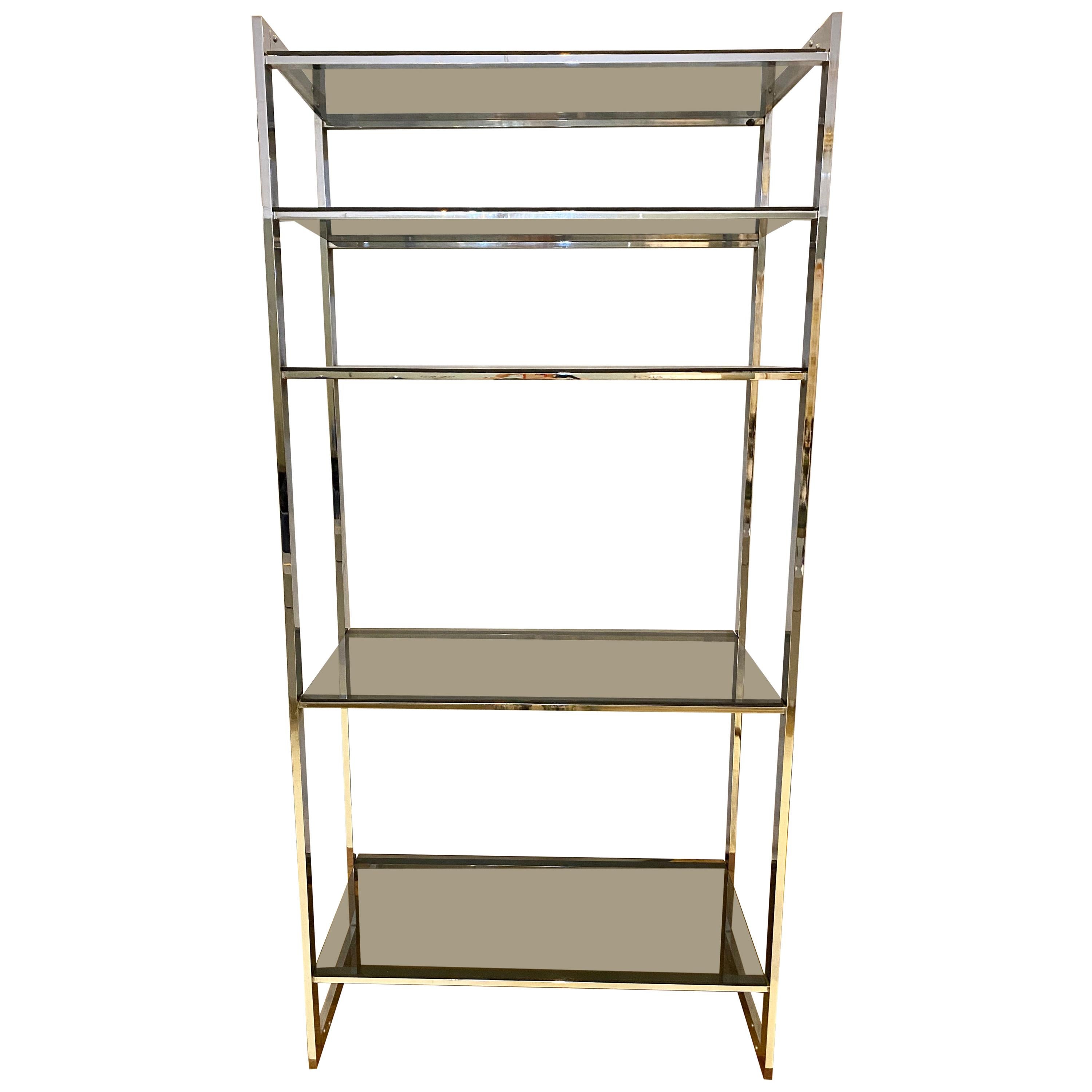 Mid-Century Modern Étagère Chrome Base Smoke Glass Shelves