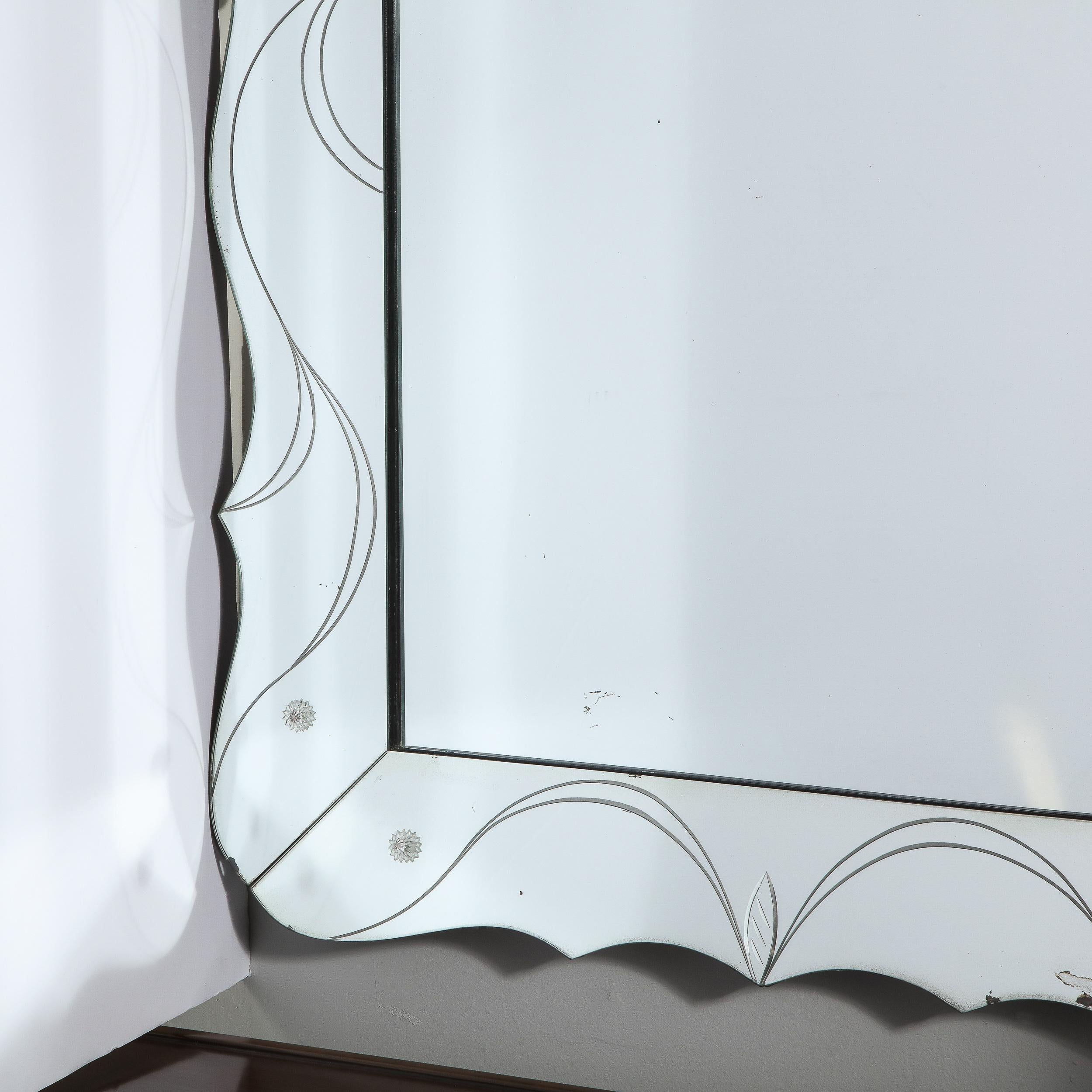 American Mid-Century Modern Etched and Beveled Scalloped Venetian Wall Mirror