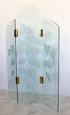Mid-Century Modern Etched Glass & Brass 3 Panel Room Divider Screen 1960s