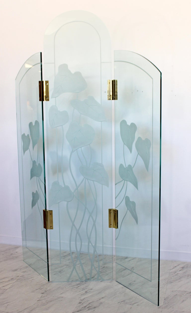 MidCentury Modern Etched Glass and Brass 3 Panel Room Divider Screen