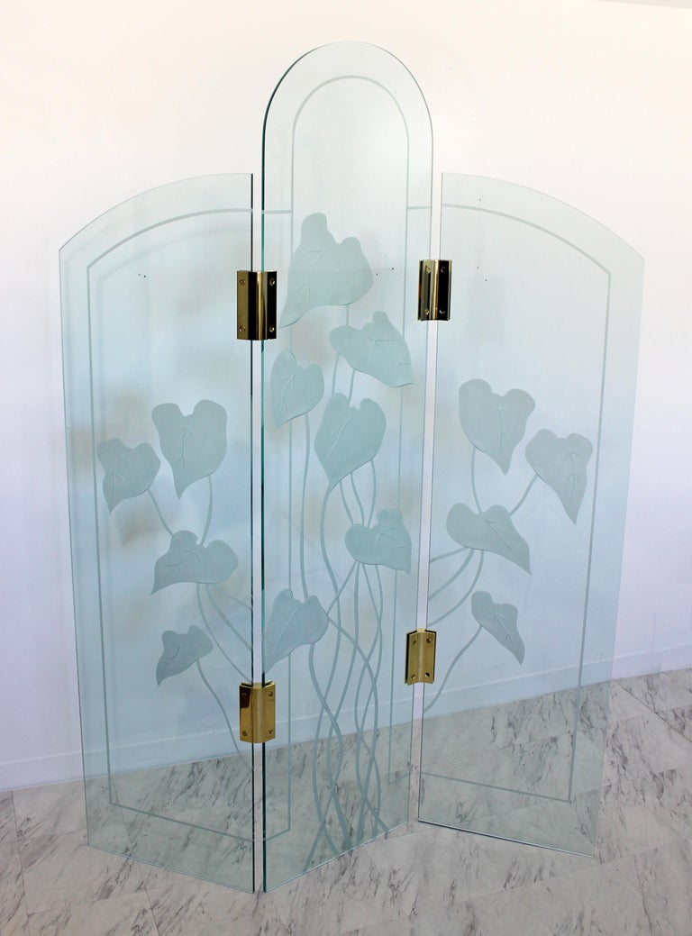 Mid-Century Modern Etched Glass and Brass 3 Panel Room ...