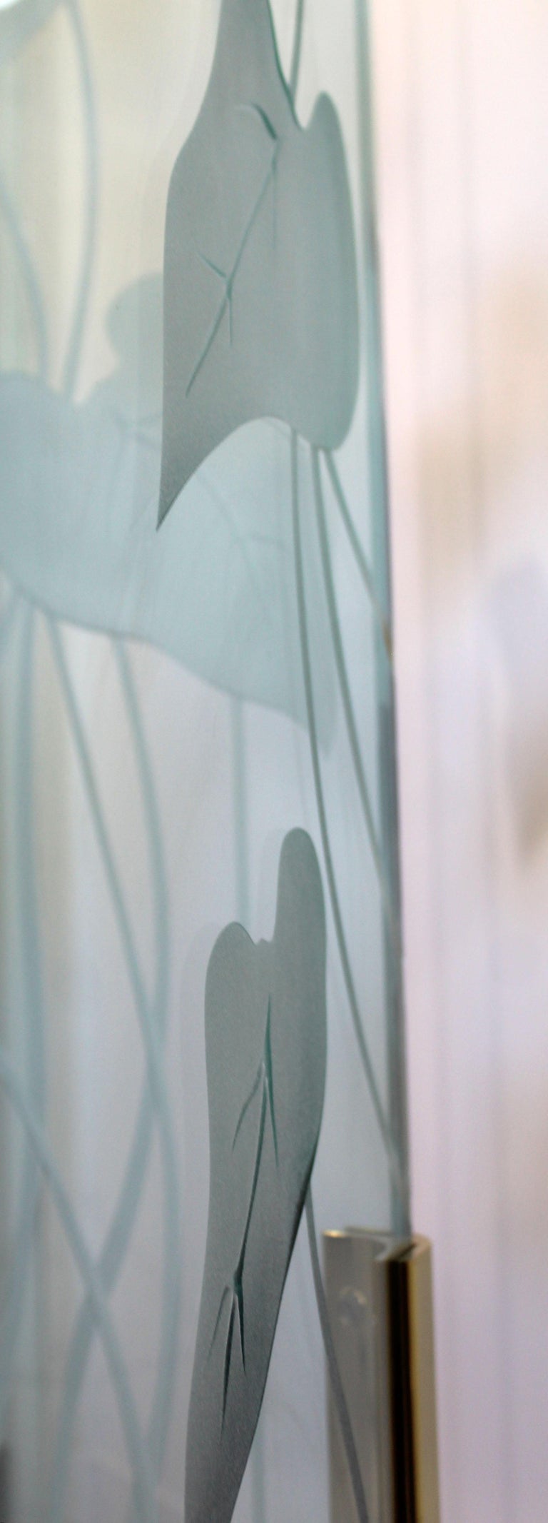 MidCentury Modern Etched Glass and Brass 3 Panel Room Divider Screen