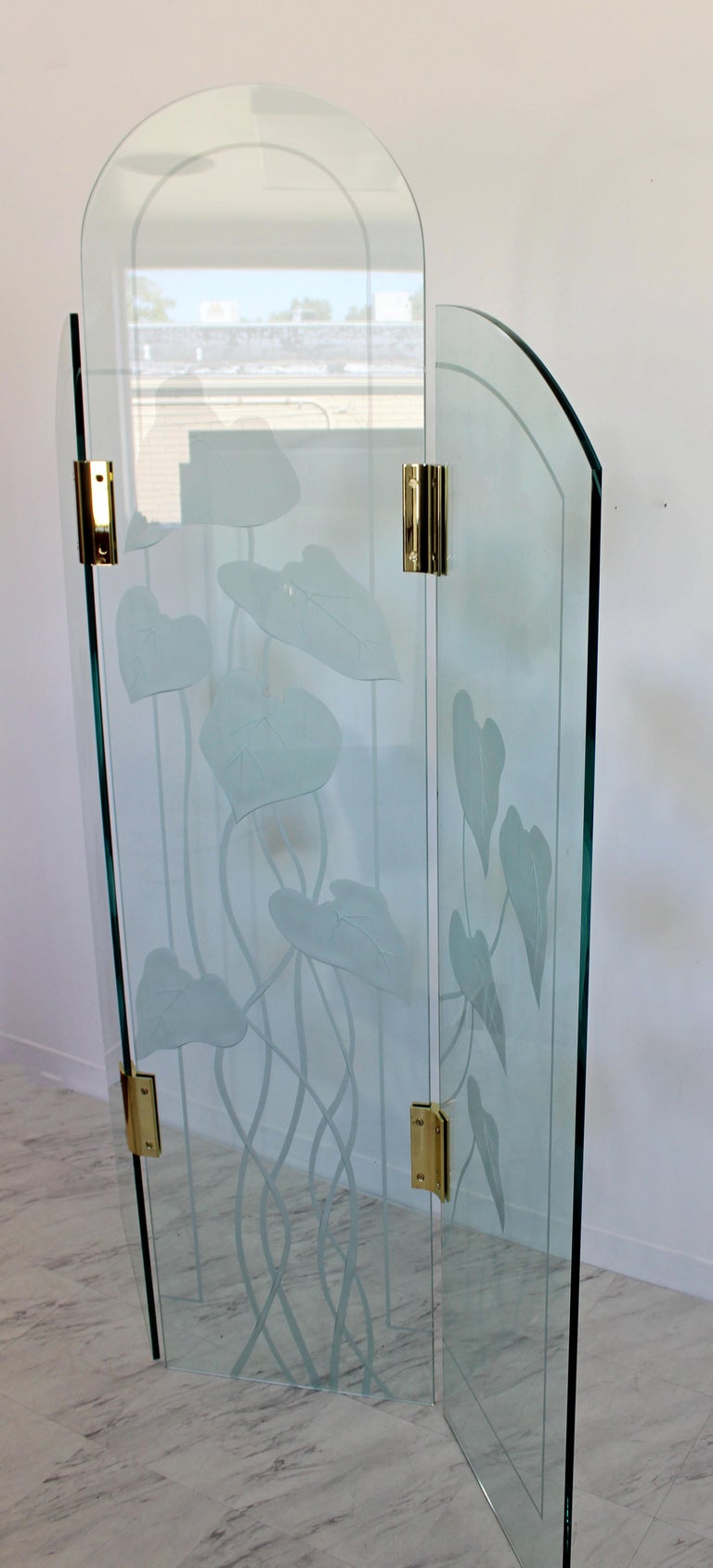 MidCentury Modern Etched Glass and Brass 3 Panel Room Divider Screen