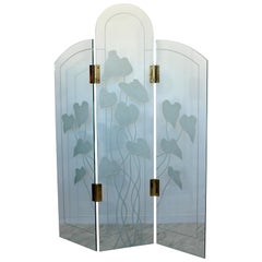 Retro Mid-Century Modern Etched Glass & Brass 3 Panel Room Divider Screen 1960s