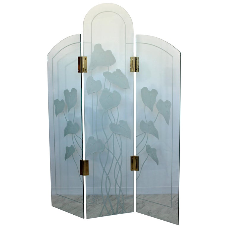 Mid Century Modern Etched Glass Brass 3 Panel Room Divider Screen 1960s