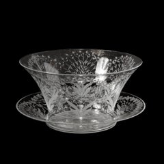 Mid-Century Modern Etched Glass Swedish Bowl & Serving Dish Signed Kosta Boda