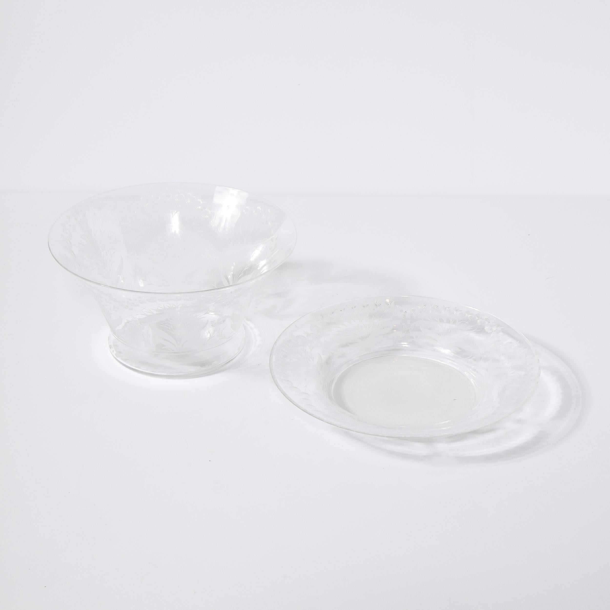 Mid-Century Modern Etched Glass Swedish Bowl & Serving Dish Signed Kosta Boda In Excellent Condition For Sale In New York, NY
