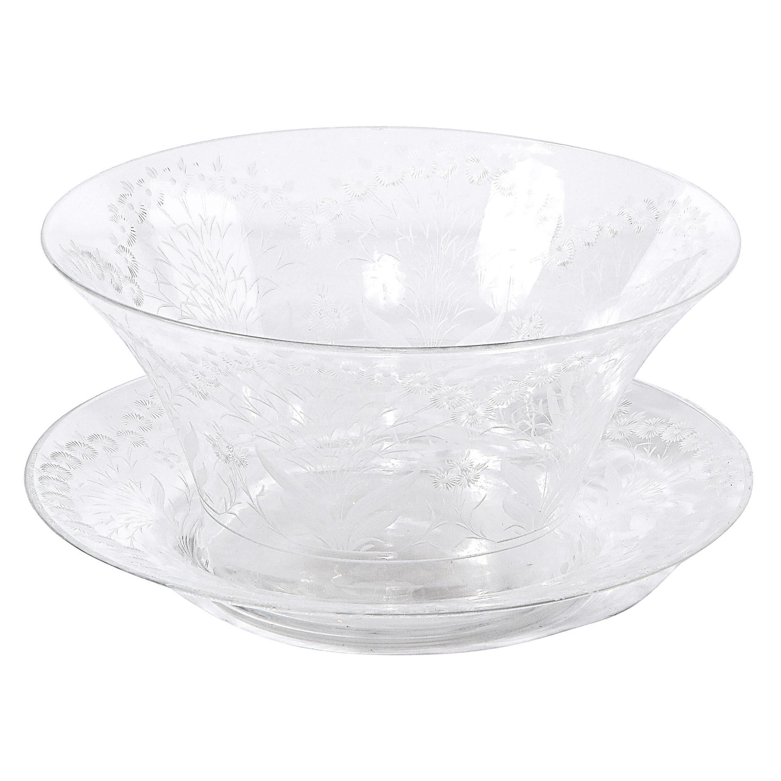 Mid-Century Modern Etched Glass Swedish Bowl & Serving Dish Signed Kosta Boda