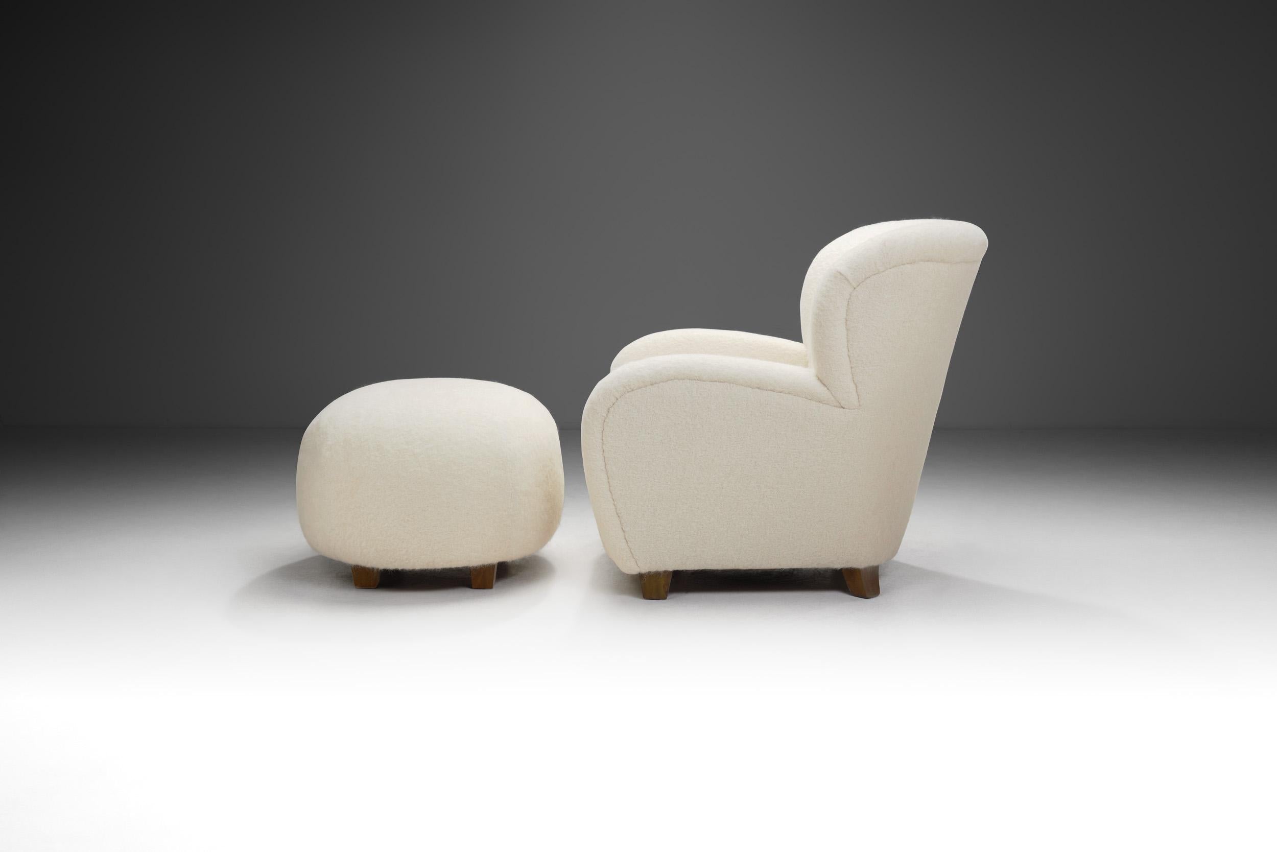 Alpaca Mid-Century Modern European Cabinetmaker Lounge Chair and Ottoman, Europe 1950s For Sale