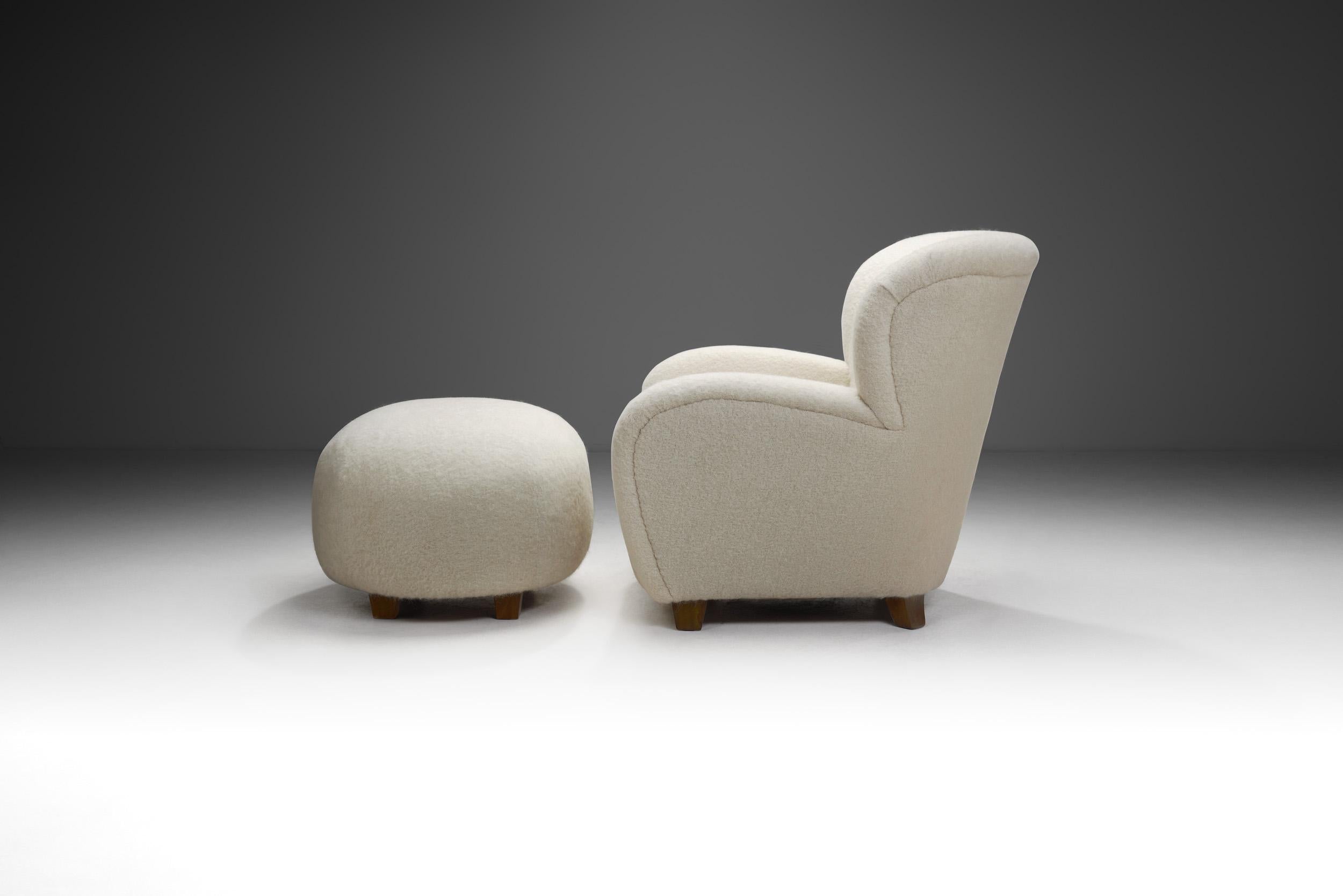 Alpaca Mid-Century Modern European Cabinetmaker Lounge Chair and Ottoman, Europe 1950s