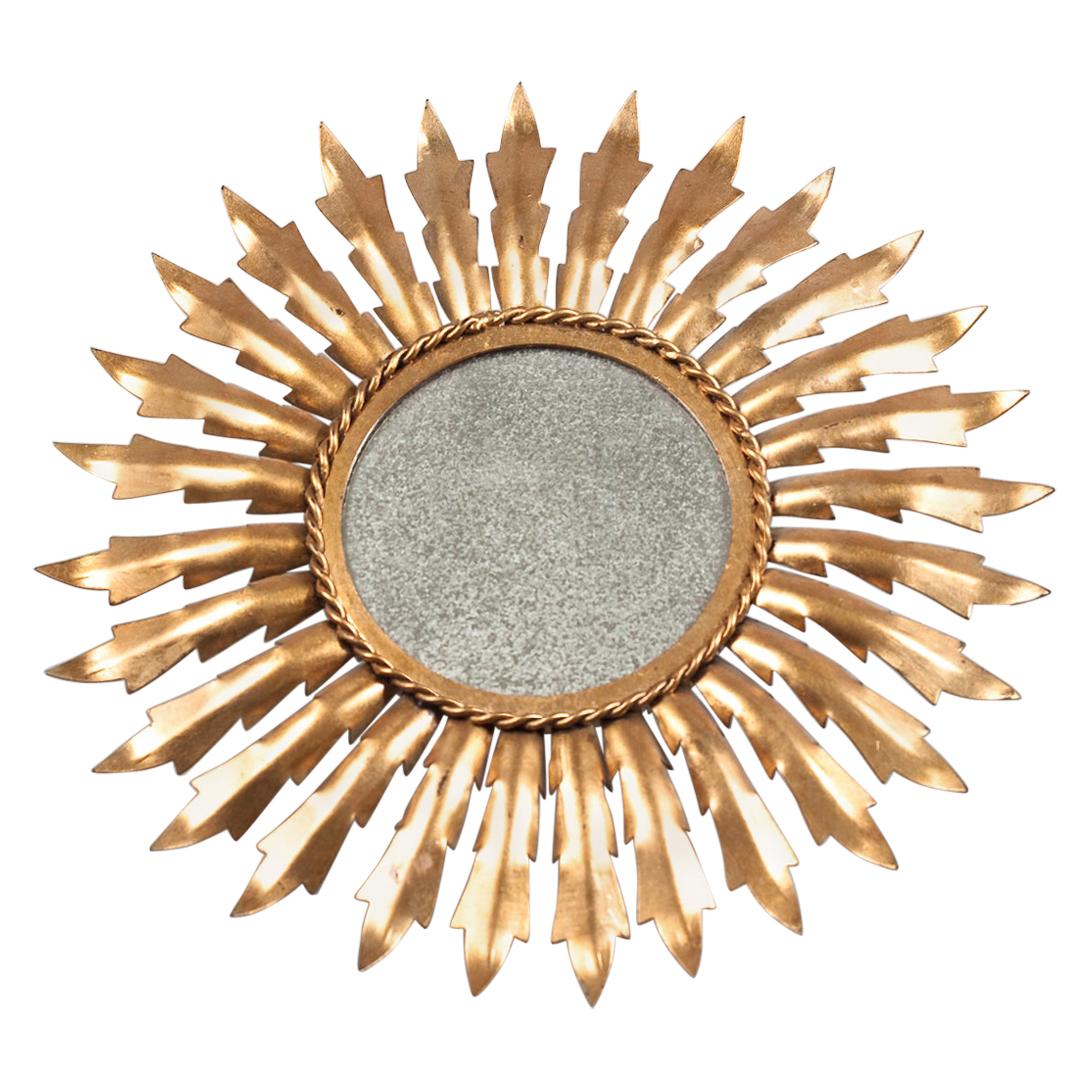 Mid-Century Modern European Sunburst Wall Mirror in Gilt Metal For Sale