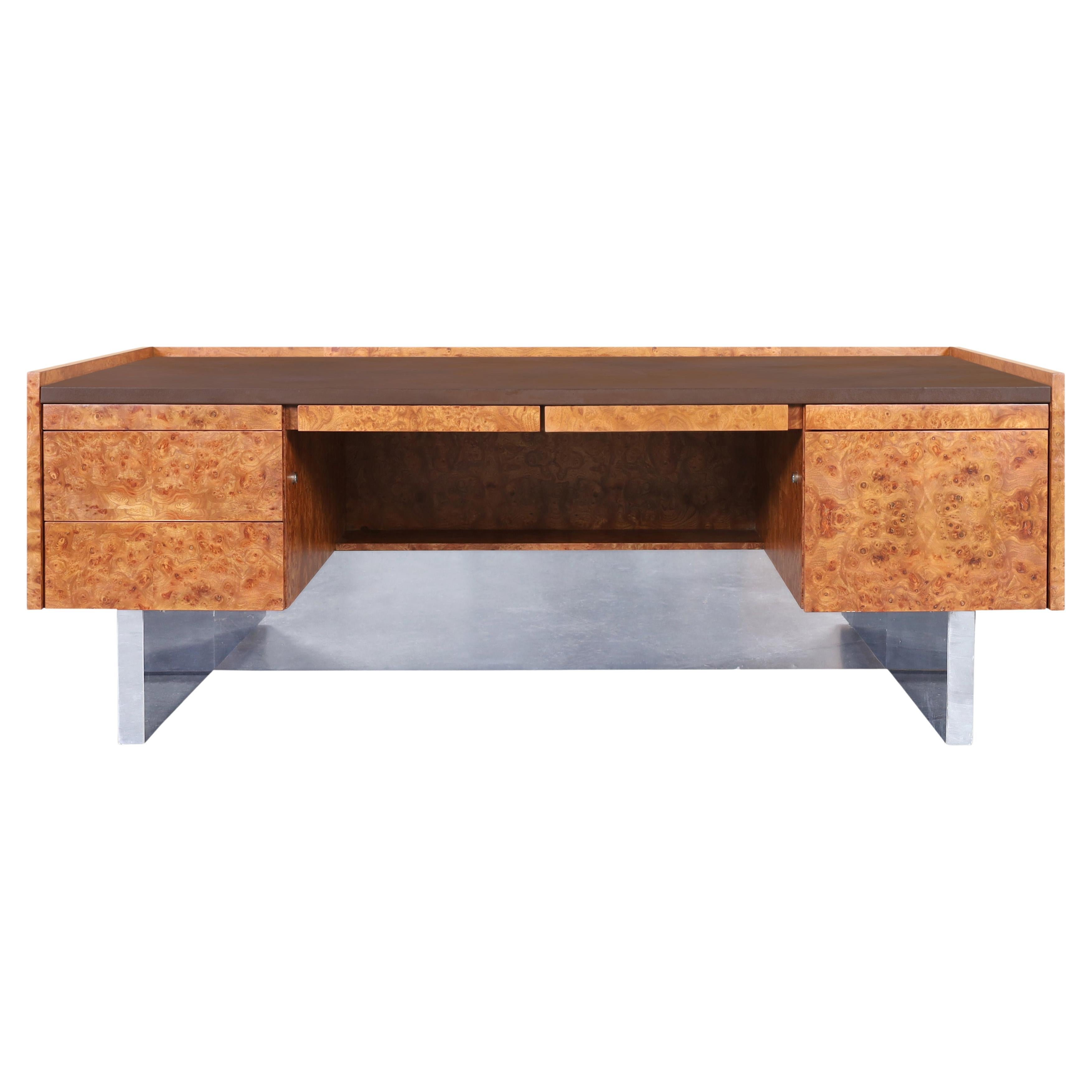 Mid-Century Modern Executive Burl Wood and Chrome Desk