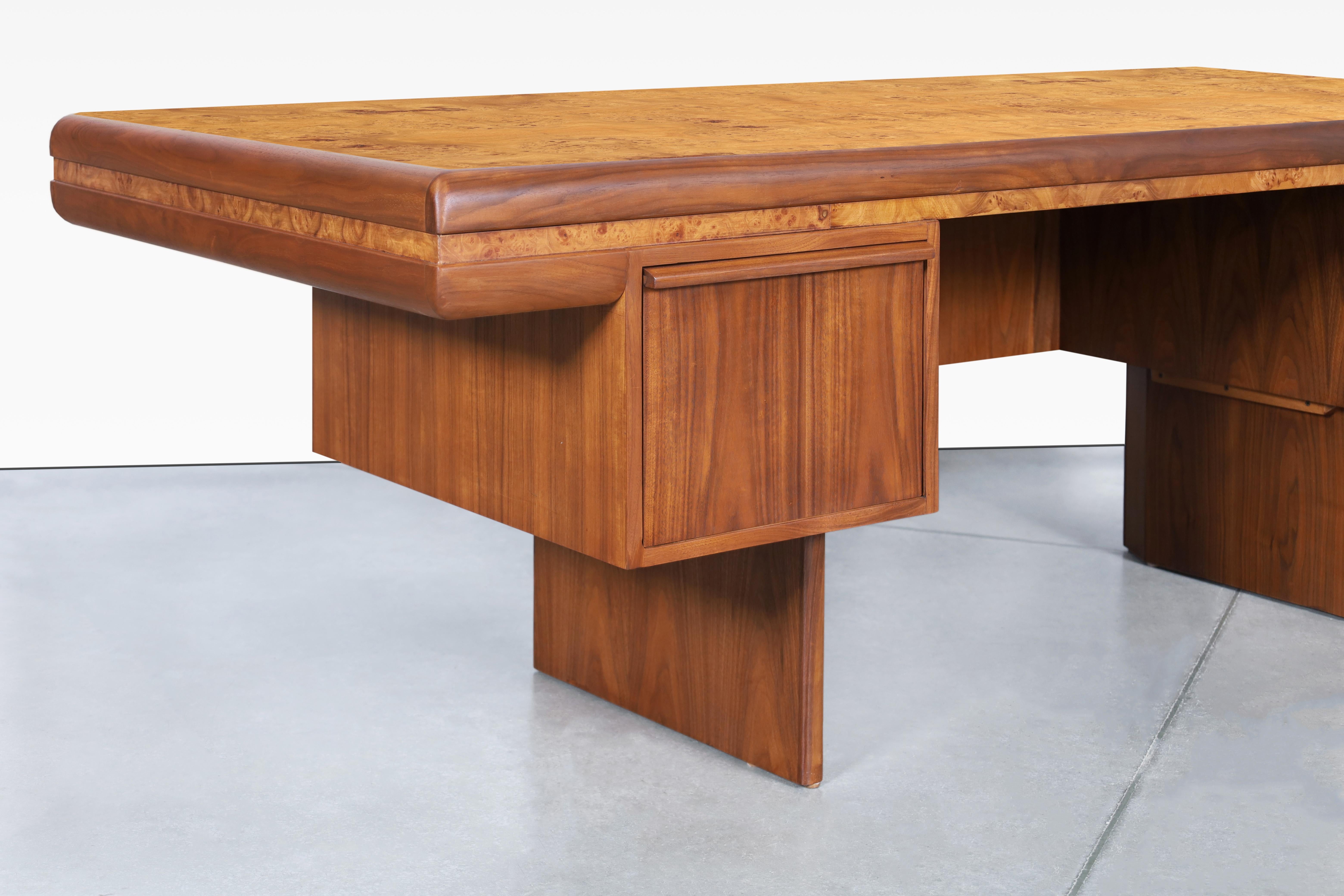 American Mid-Century Modern Executive Burl Wood and Walnut Desk
