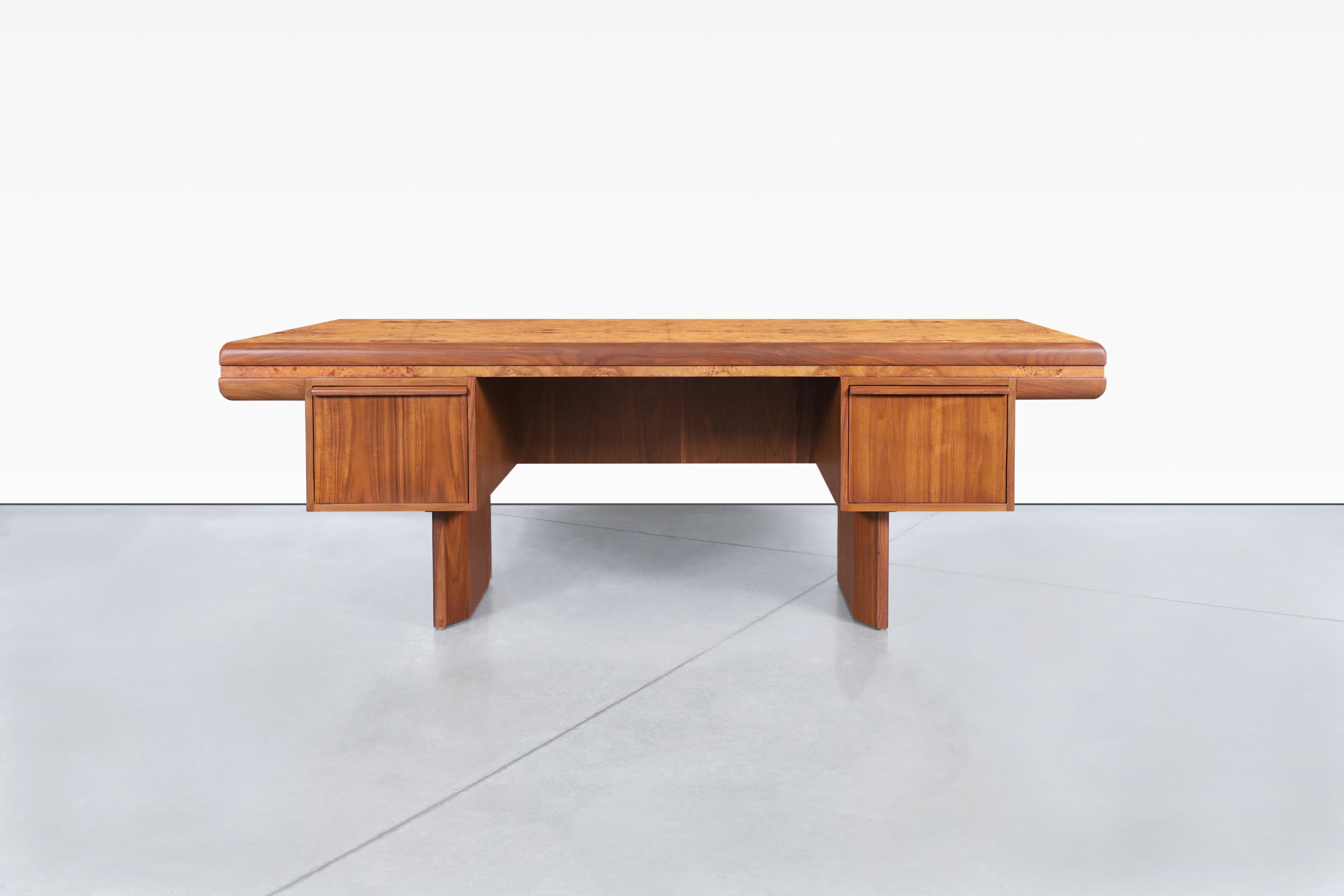 Mid-Century Modern Executive Burl Wood and Walnut Desk 1