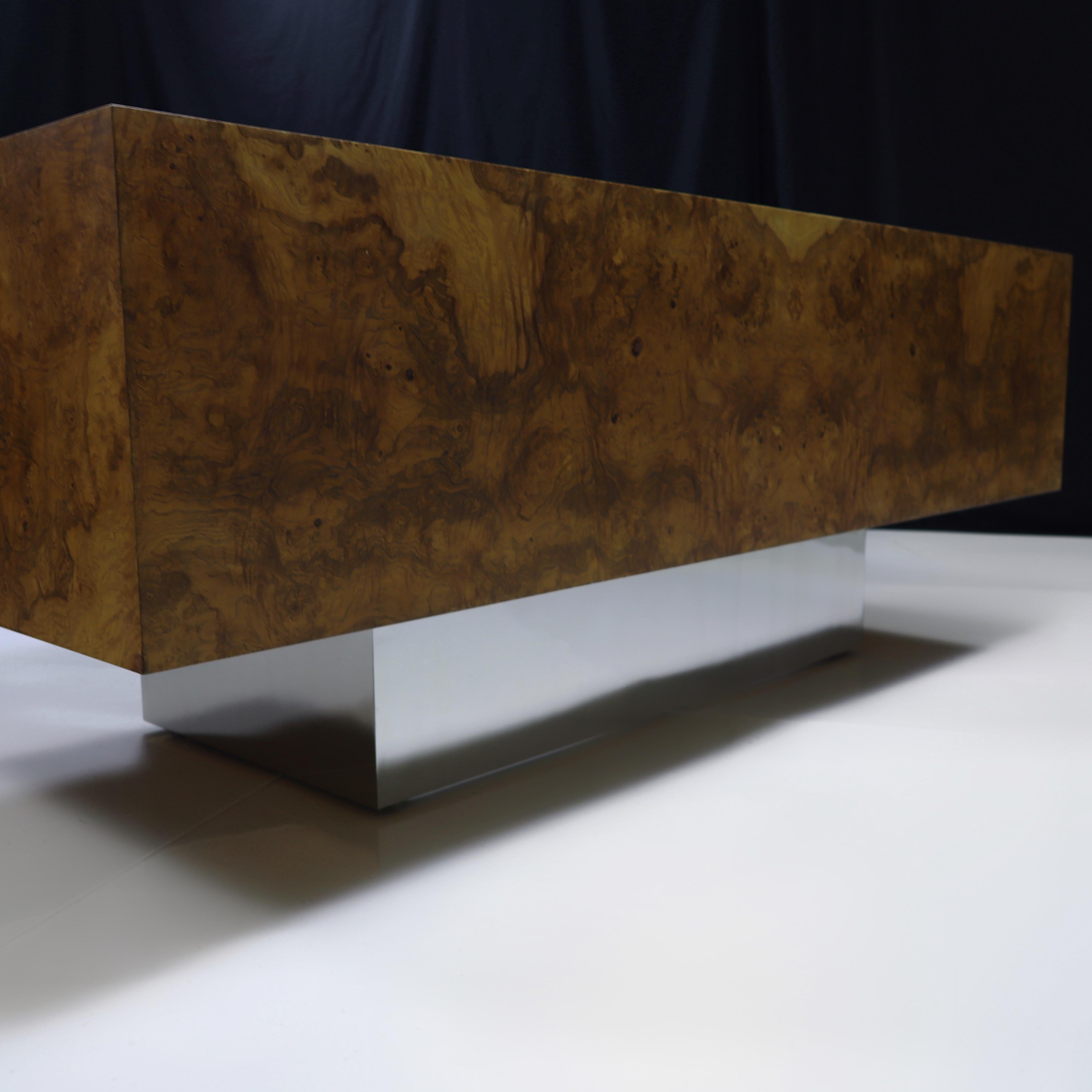 Mid-Century Modern Executive Burlwood Maple Desk with Stainless Steel Base 7